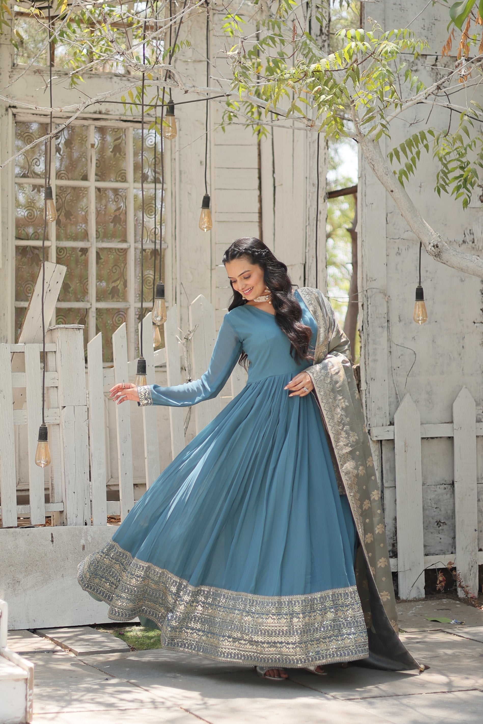 Sky Blue Faux Georgette Sequins Embroidered Anarkali Kurta Set