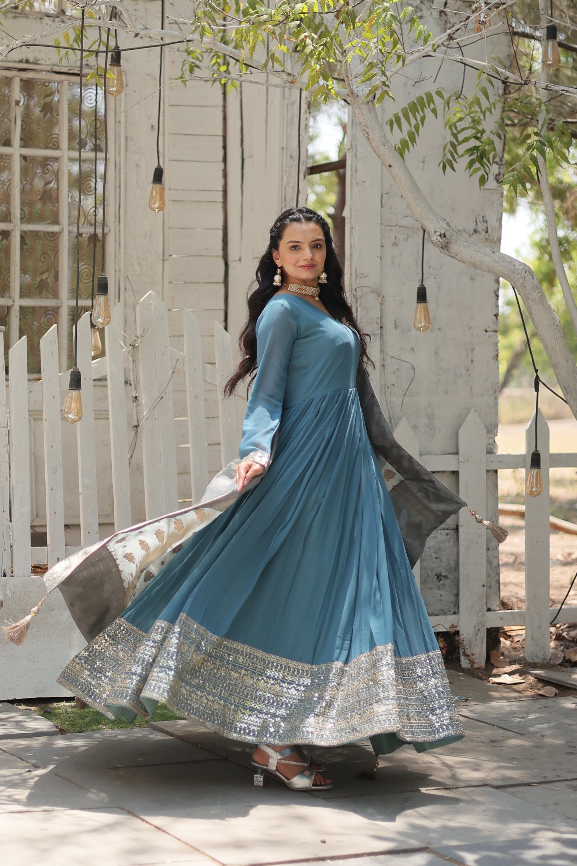 Sky Blue Faux Georgette Sequins Embroidered Anarkali Kurta Set