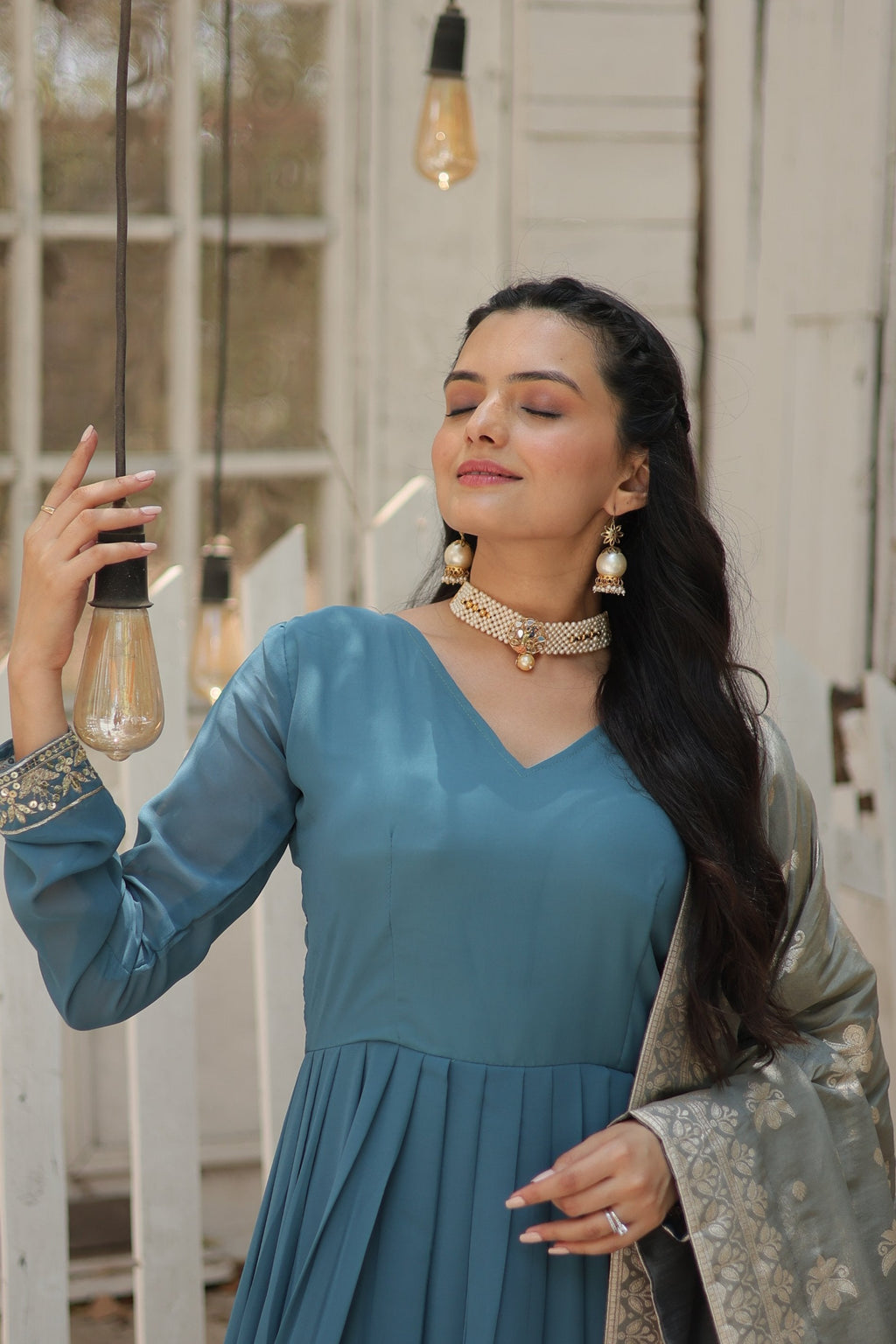 Sky Blue Faux Georgette Sequins Embroidered Anarkali Kurta Set