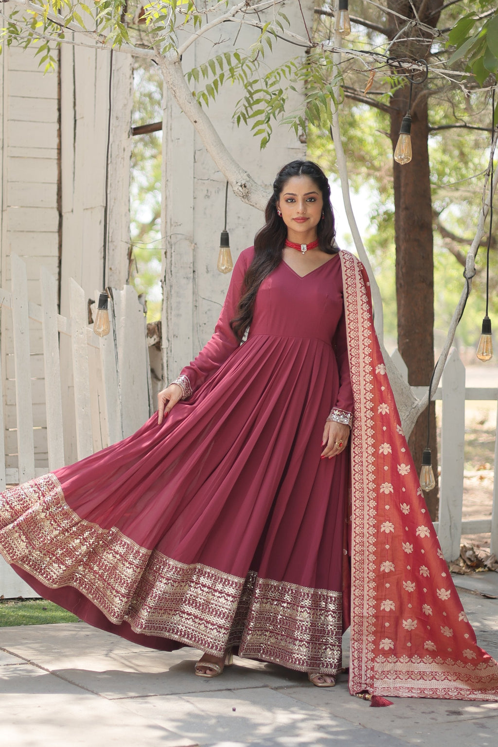 Dark Pink Sequined Embroidered Anarkali Kurta with Dupatta Set