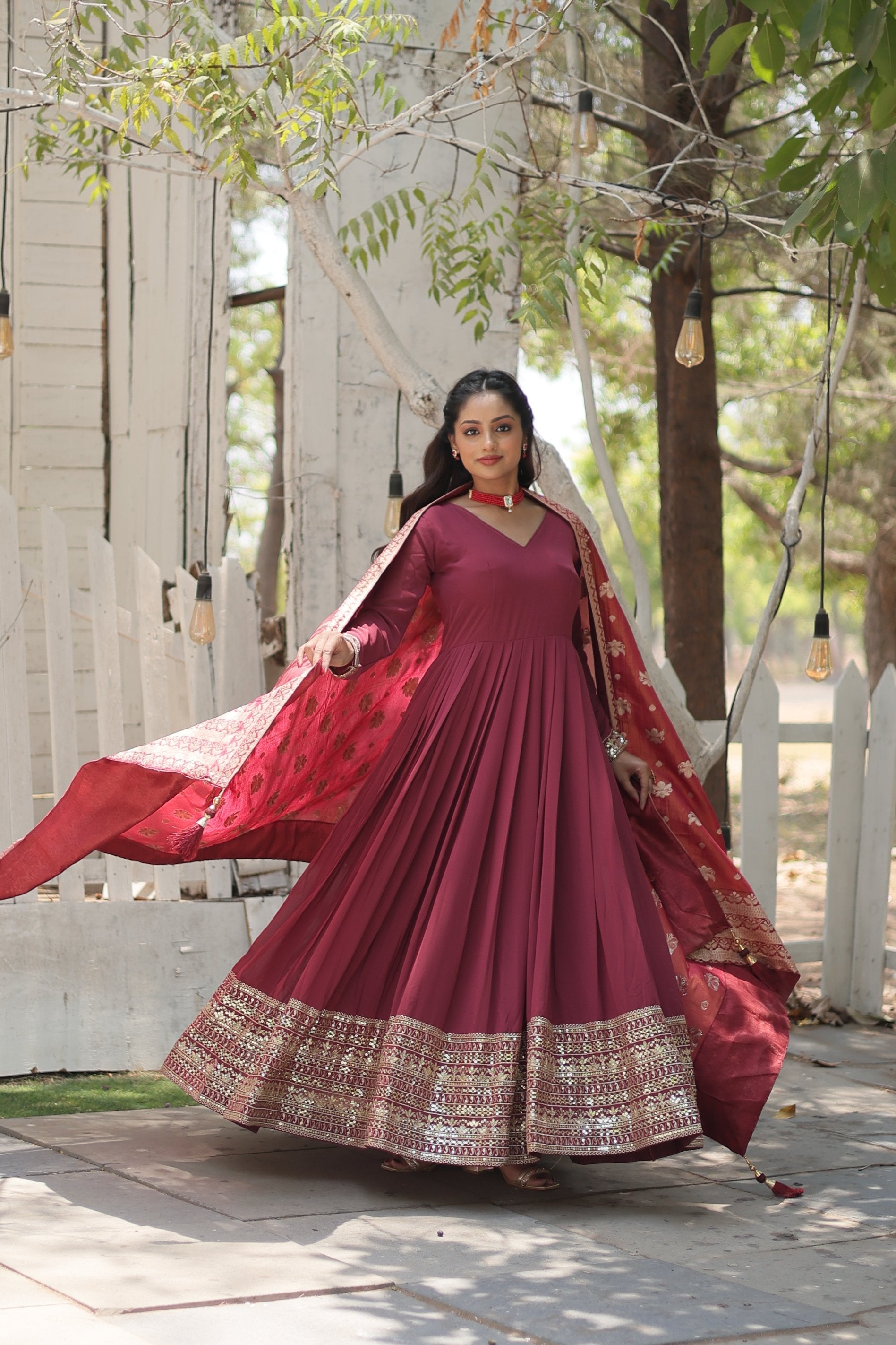 Dark Pink Sequined Embroidered Anarkali Kurta with Dupatta Set