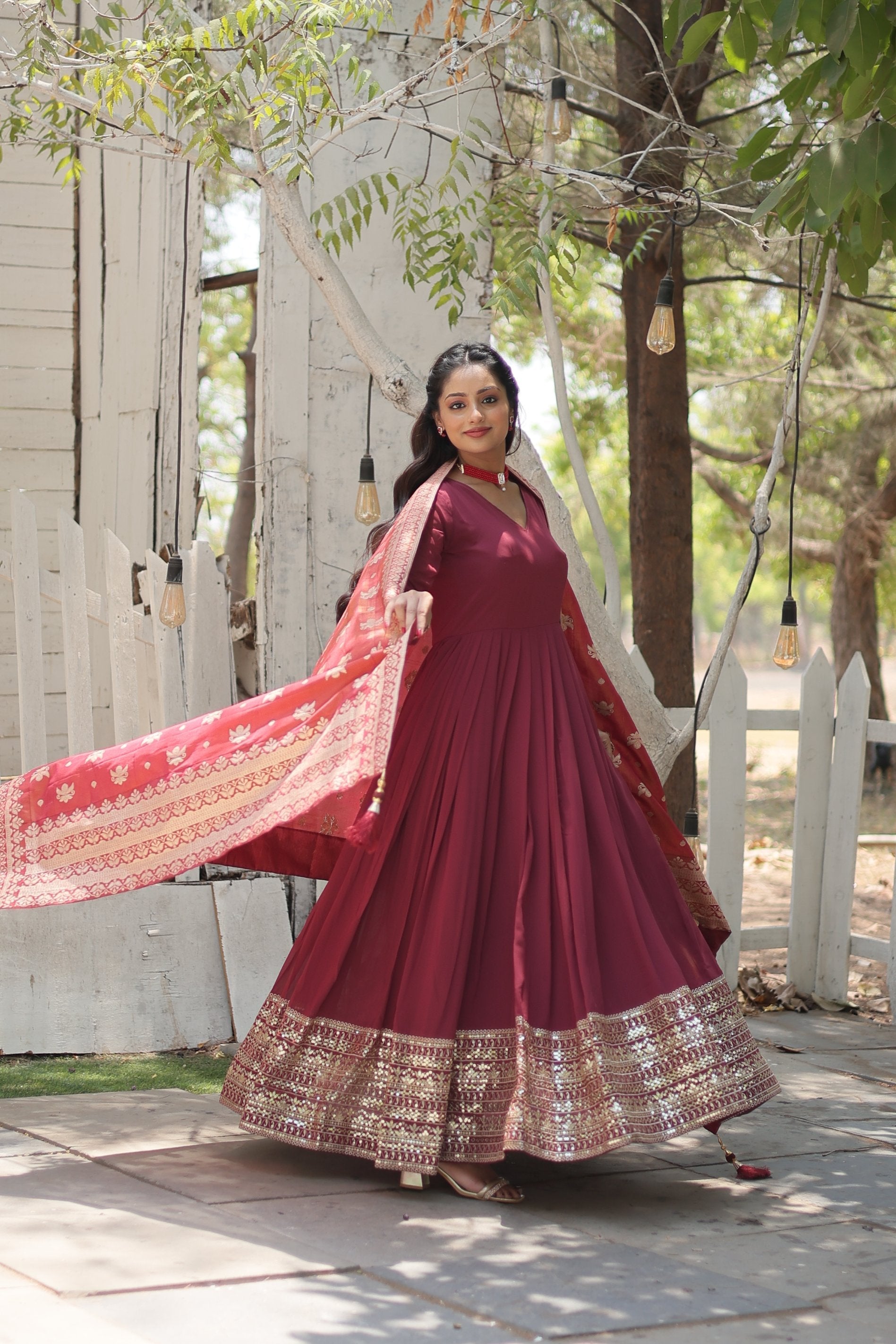 Dark Pink Sequined Embroidered Anarkali Kurta with Dupatta Set