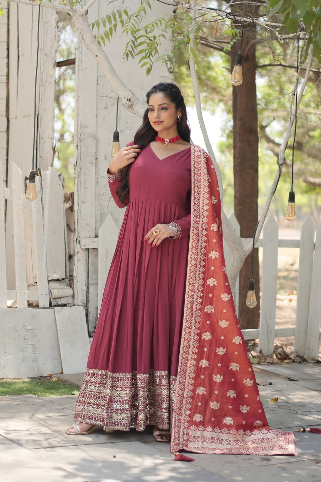 Dark Pink faux georgette Anarkali kurta with intricate sequins and embroidery paired with a dupatta