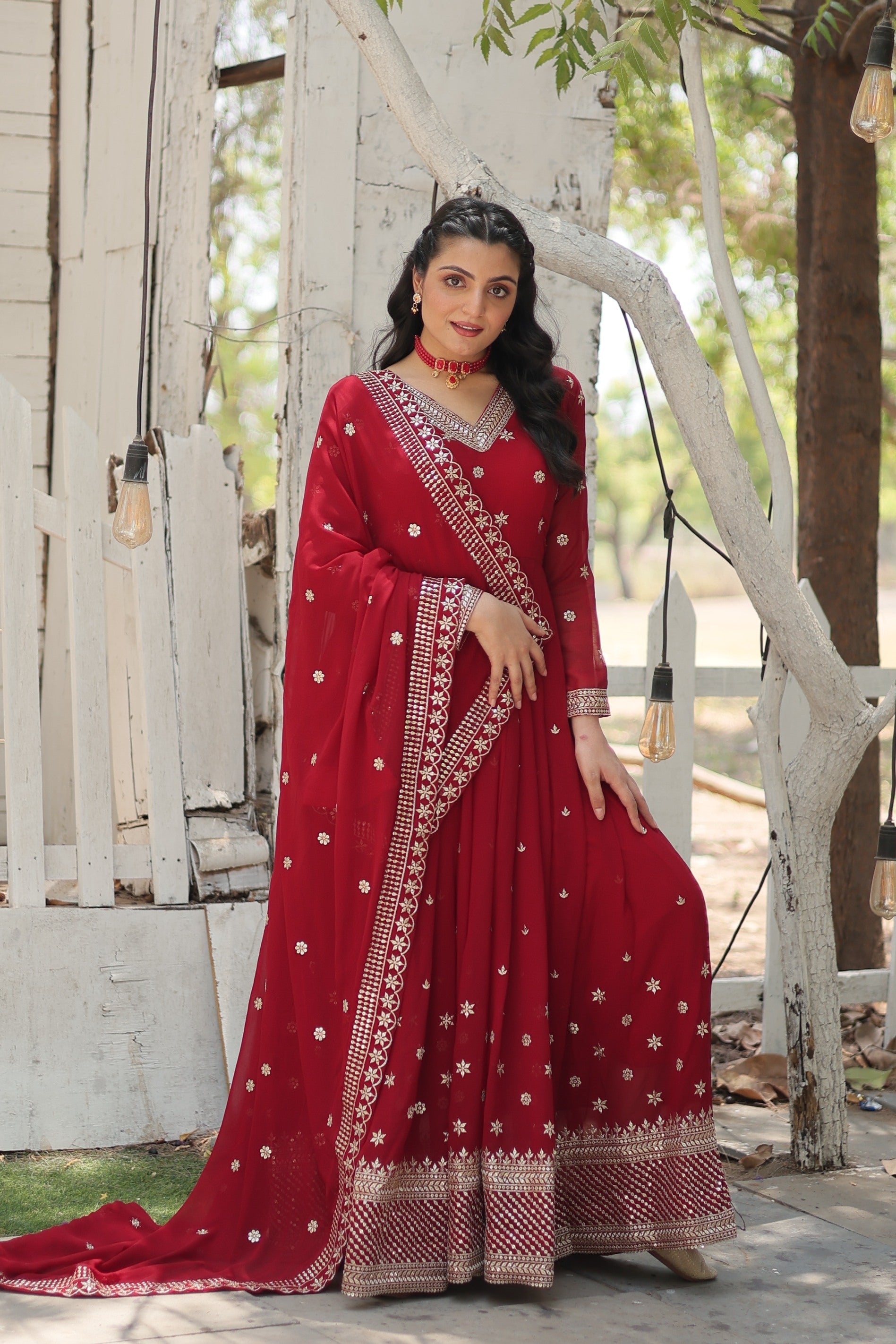 Maroon Faux Blooming Anarkali Kurta Set with Sequins Embroidery