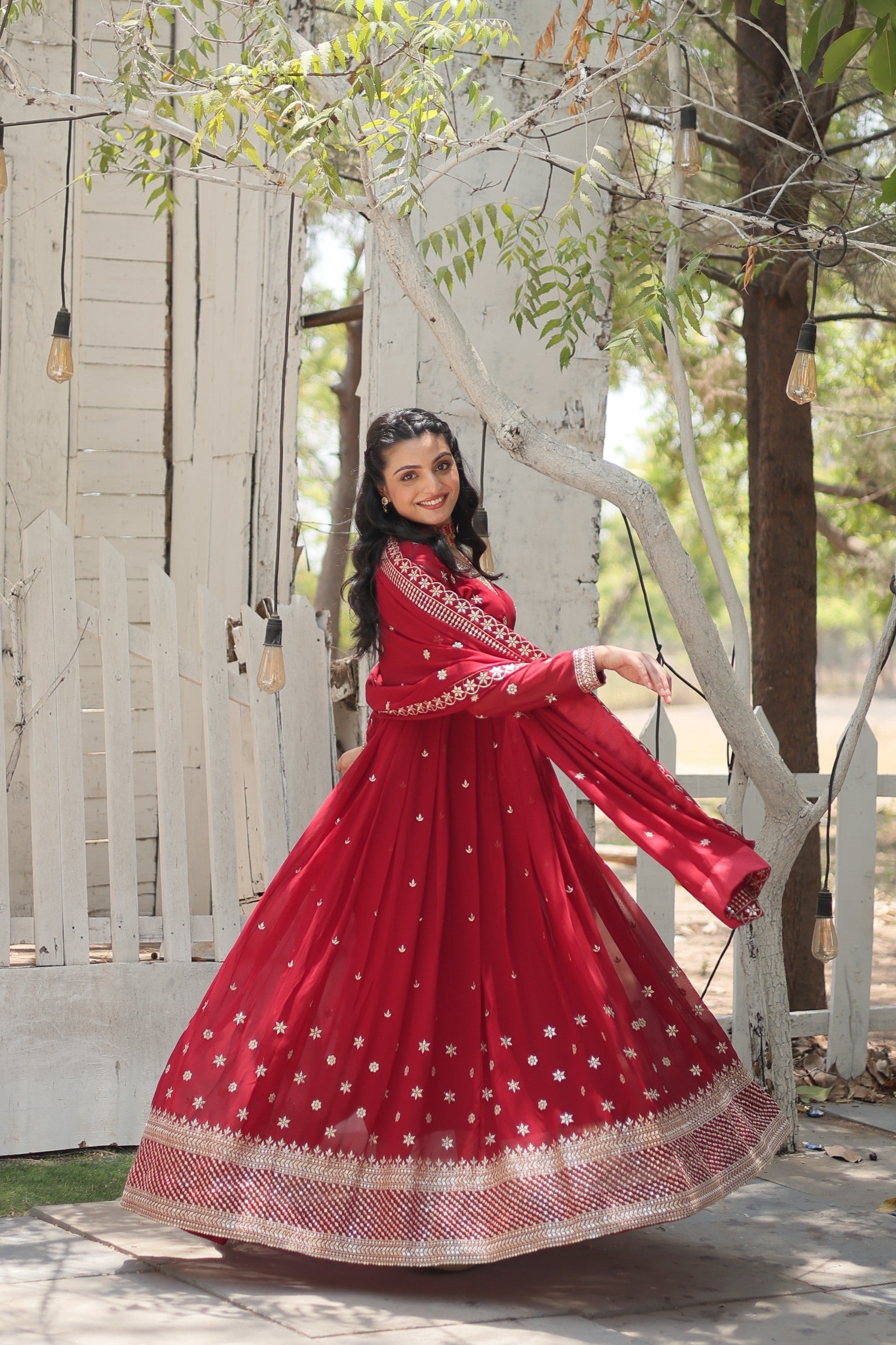 Maroon Faux Blooming Anarkali Kurta Set with Sequins Embroidery