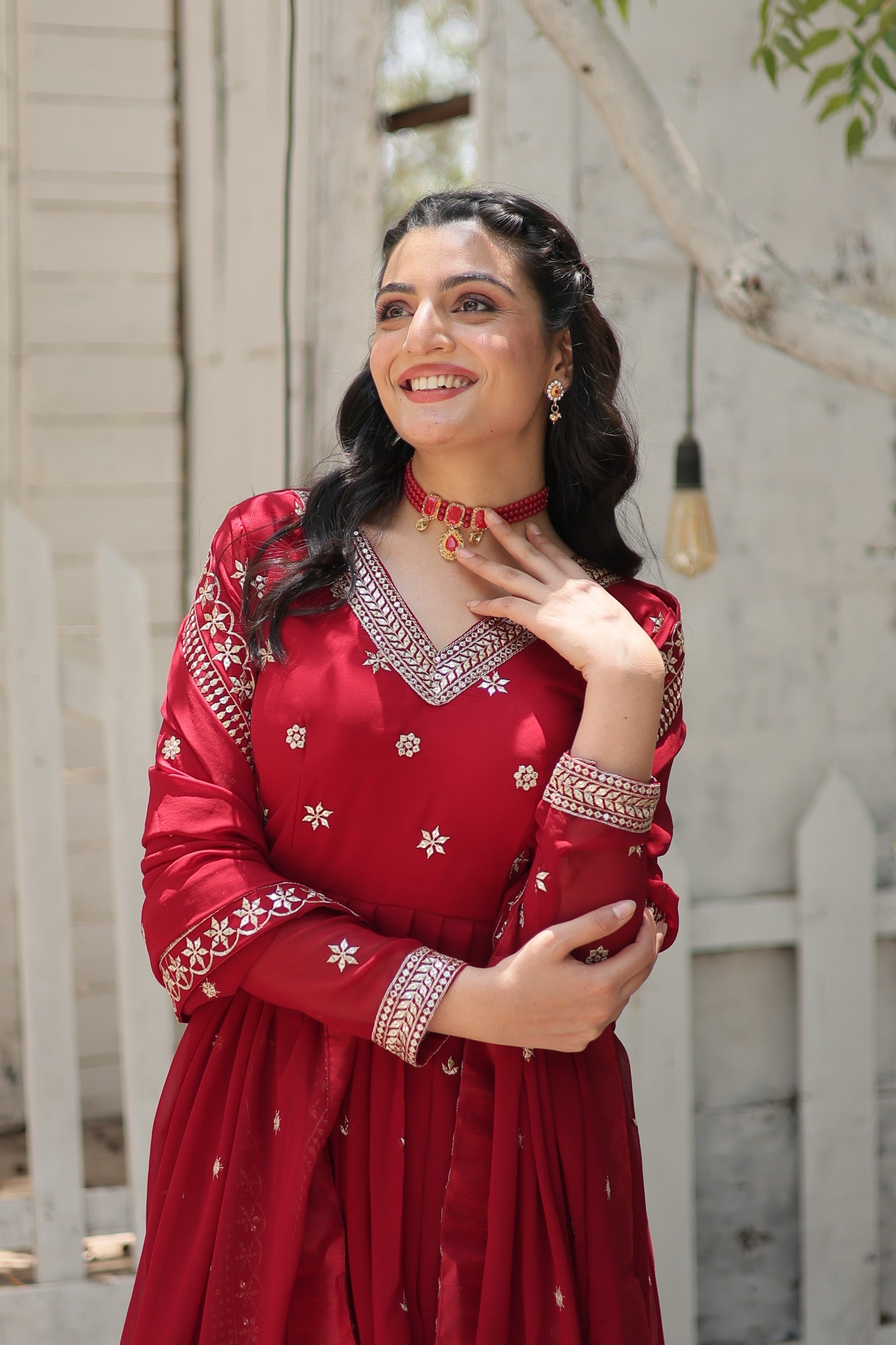 Maroon Faux Blooming Anarkali Kurta Set with Sequins Embroidery