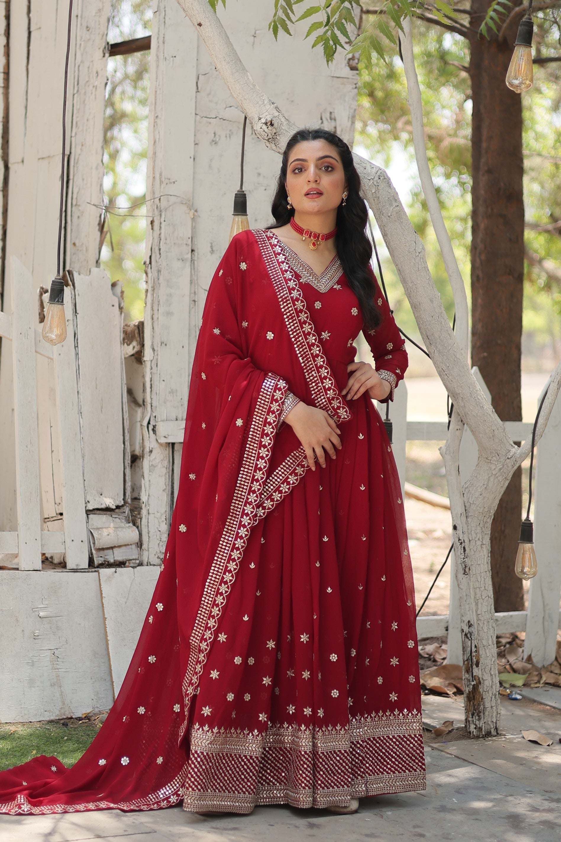 Elegant maroon Faux Blooming Anarkali kurta with sequins embroidery and dupatta