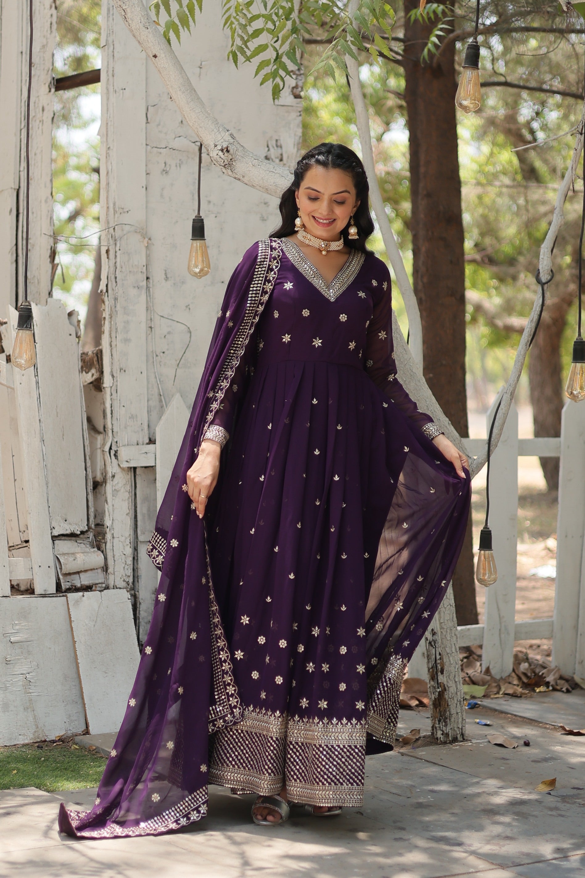 Purple Faux Blooming Anarkali Kurta Set with Sequins Embroidery