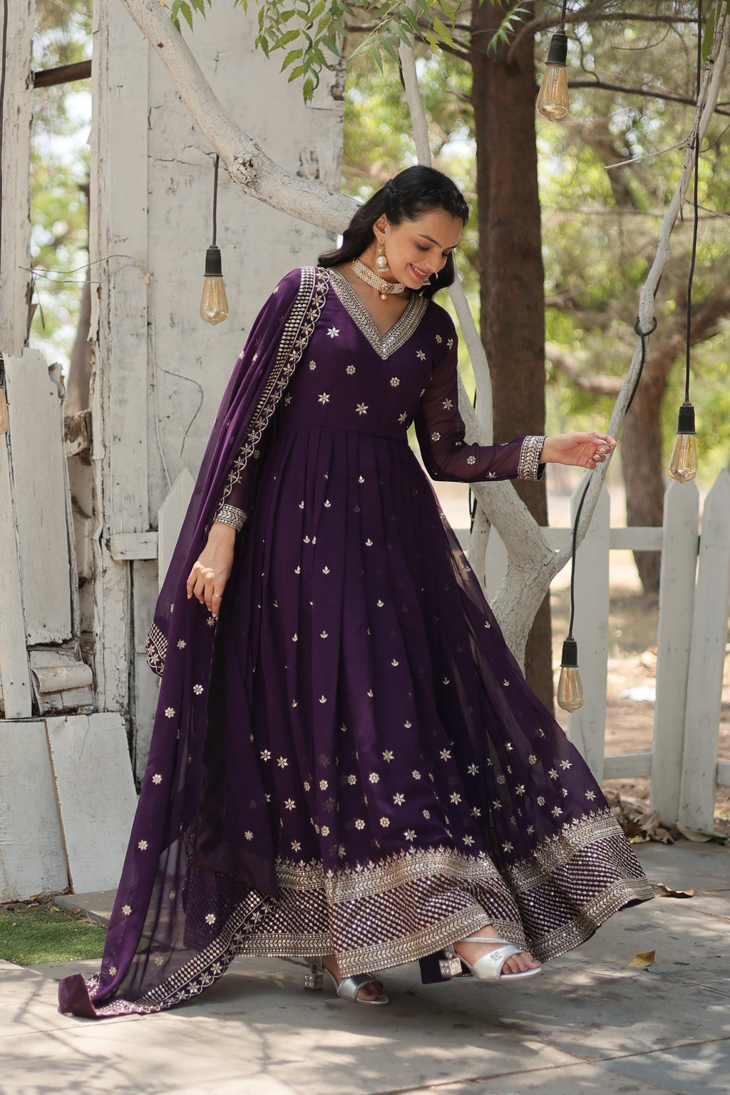 Purple Faux Blooming Anarkali Kurta Set with Sequins Embroidery