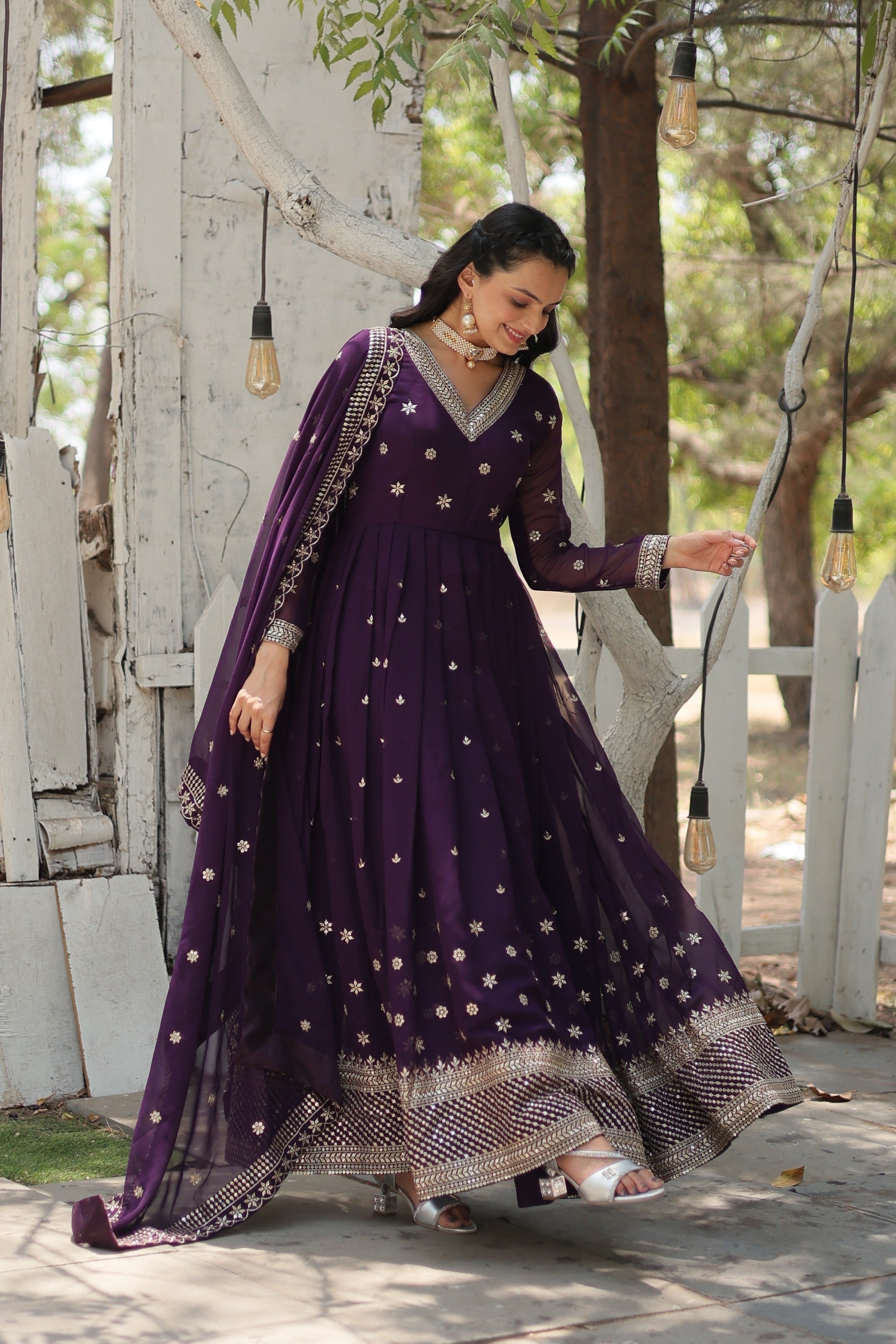 Purple Faux Blooming Anarkali Kurta Set with Sequins Embroidery