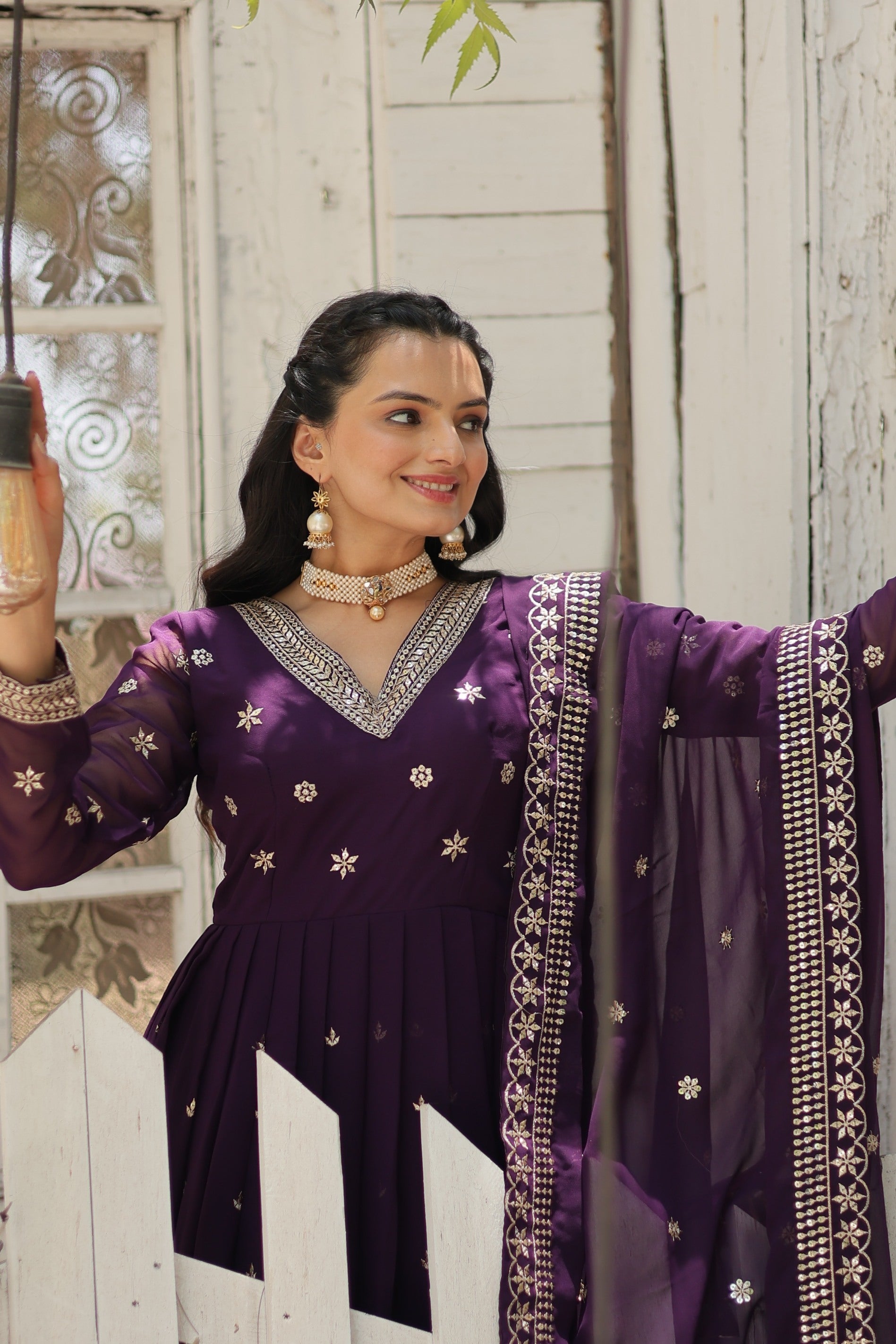 Purple Faux Blooming Anarkali Kurta Set with Sequins Embroidery