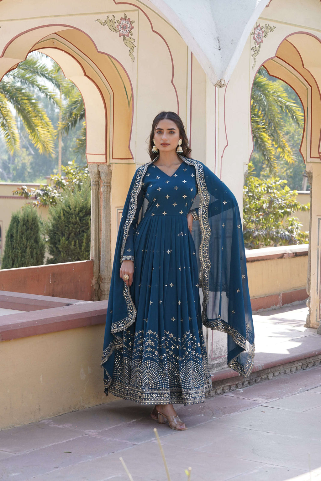 Rama Faux Georgette Anarkali Kurta with Sequins and Zari Embroidery