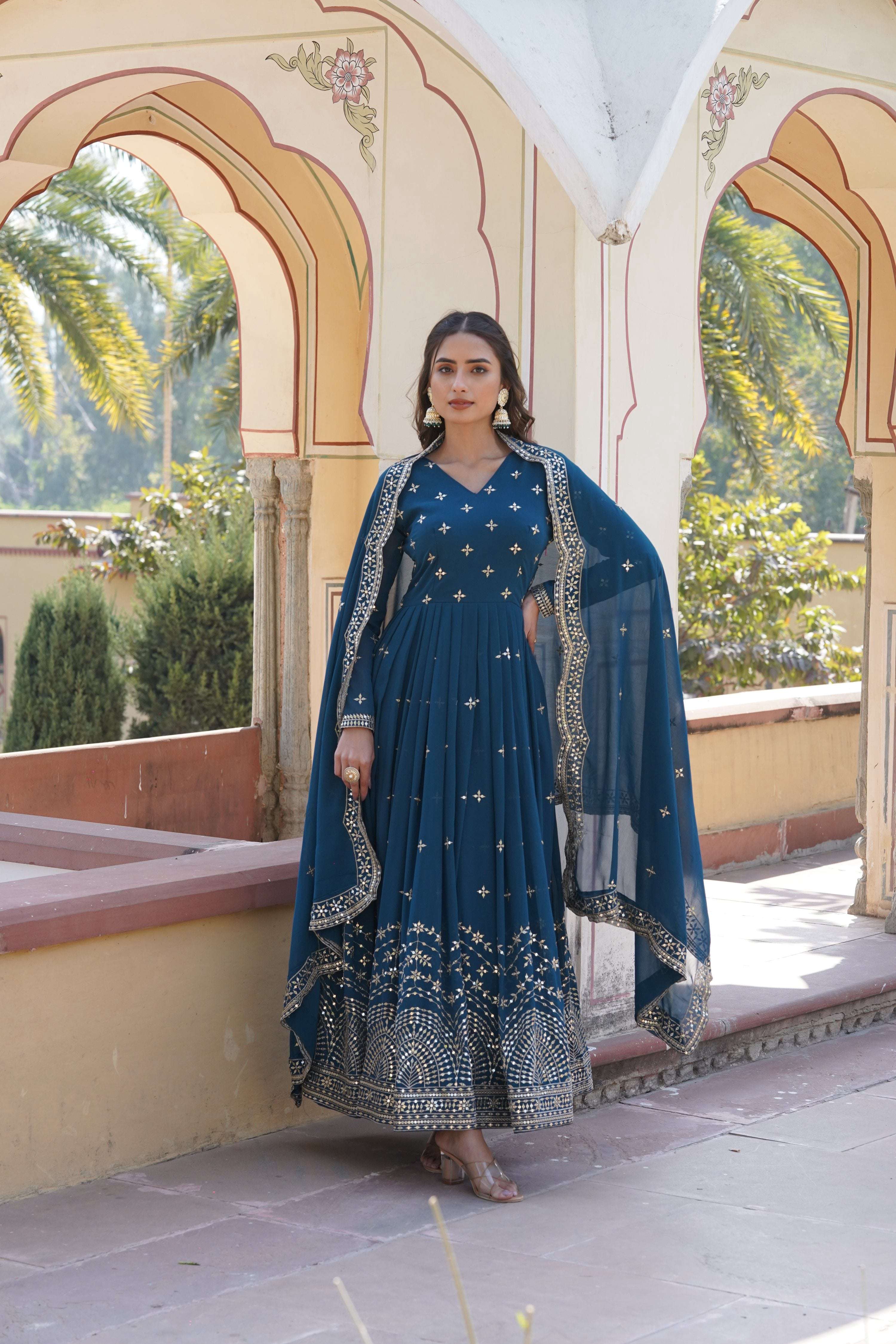 Rama Faux Georgette Anarkali Kurta with Sequins and Zari Embroidery