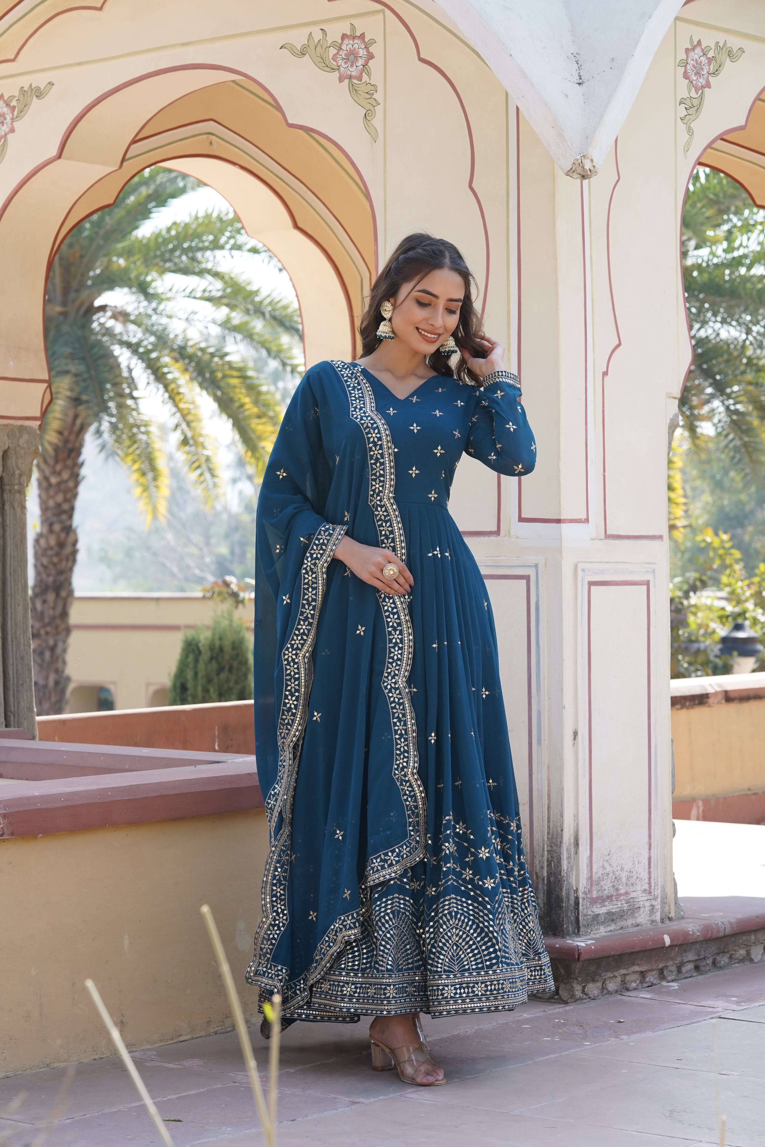 Rama Faux Georgette Anarkali Kurta with Sequins and Zari Embroidery