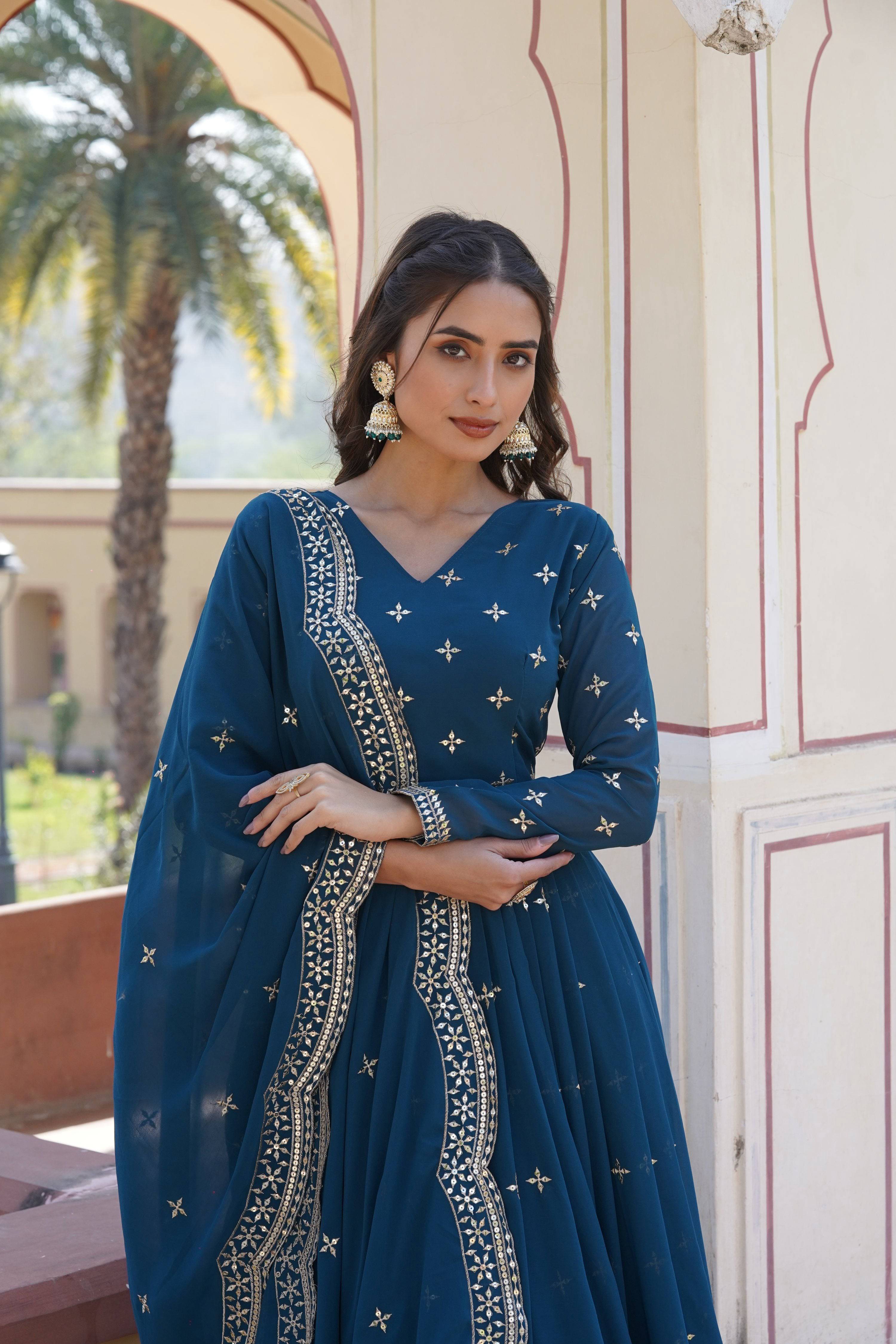 Rama Faux Georgette Anarkali Kurta with Sequins and Zari Embroidery