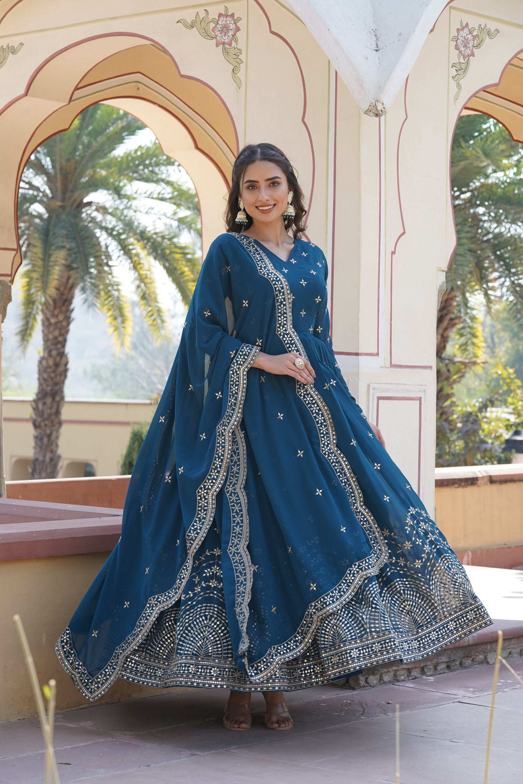 Rama colored floor-length Anarkali kurta in faux georgette with gold sequins and zari embroidery