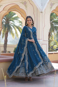 Rama colored floor-length Anarkali kurta in faux georgette with gold sequins and zari embroidery