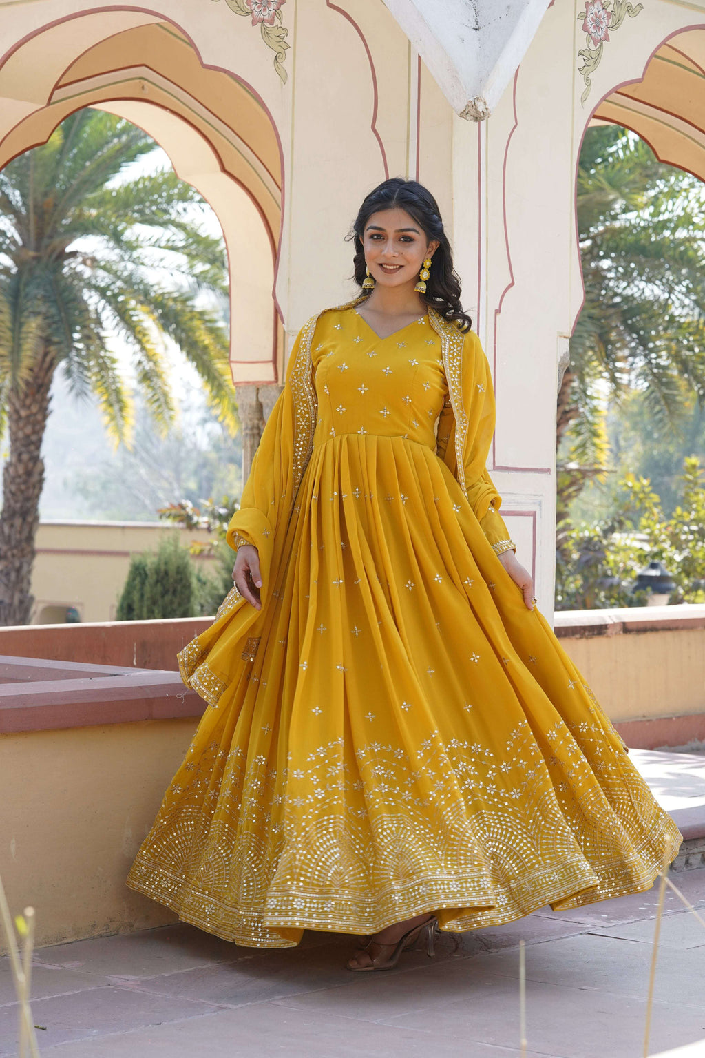 Yellow Faux Georgette Anarkali Kurta with Sequins & Zari Embroidery