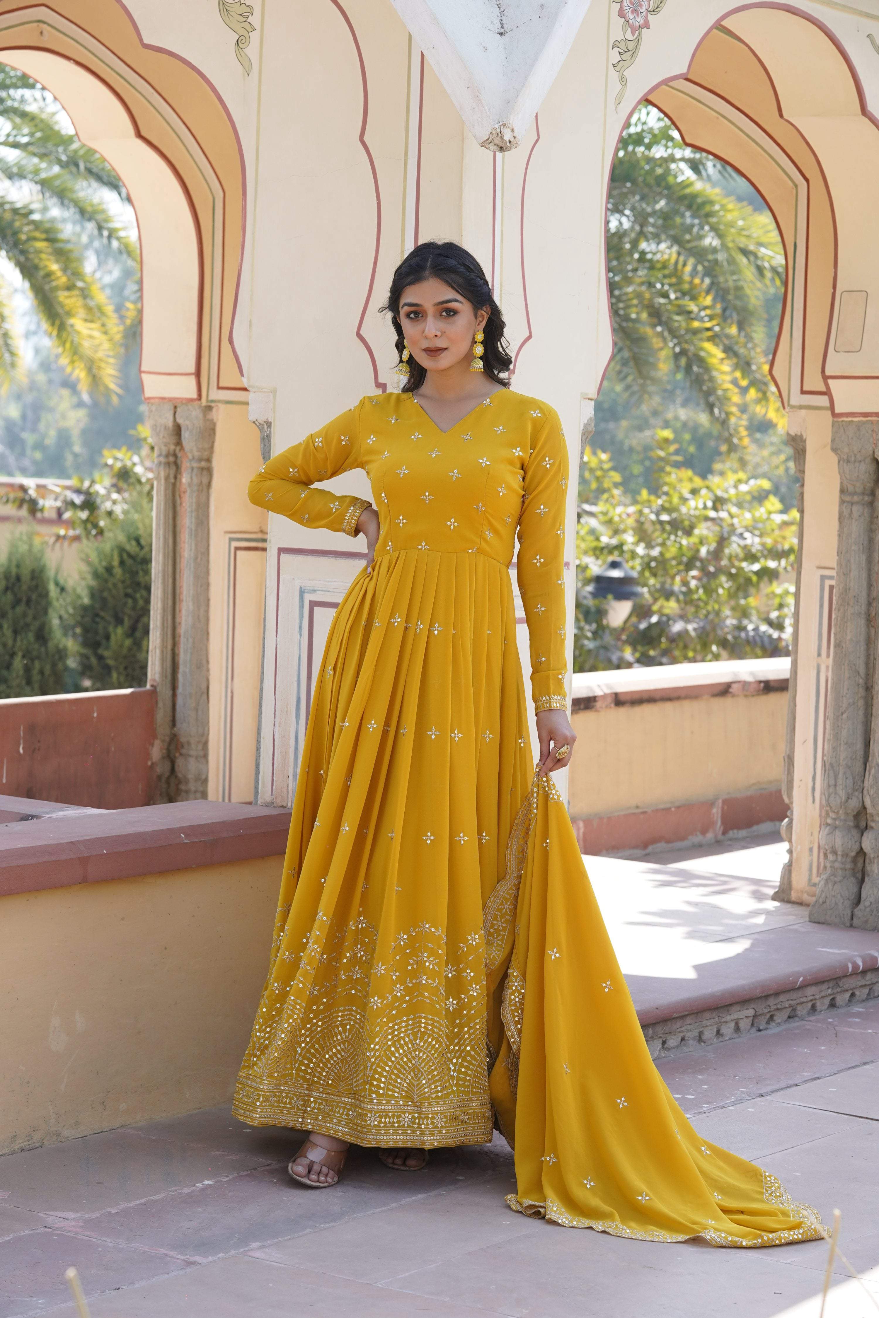 Yellow Faux Georgette Anarkali Kurta with Sequins & Zari Embroidery