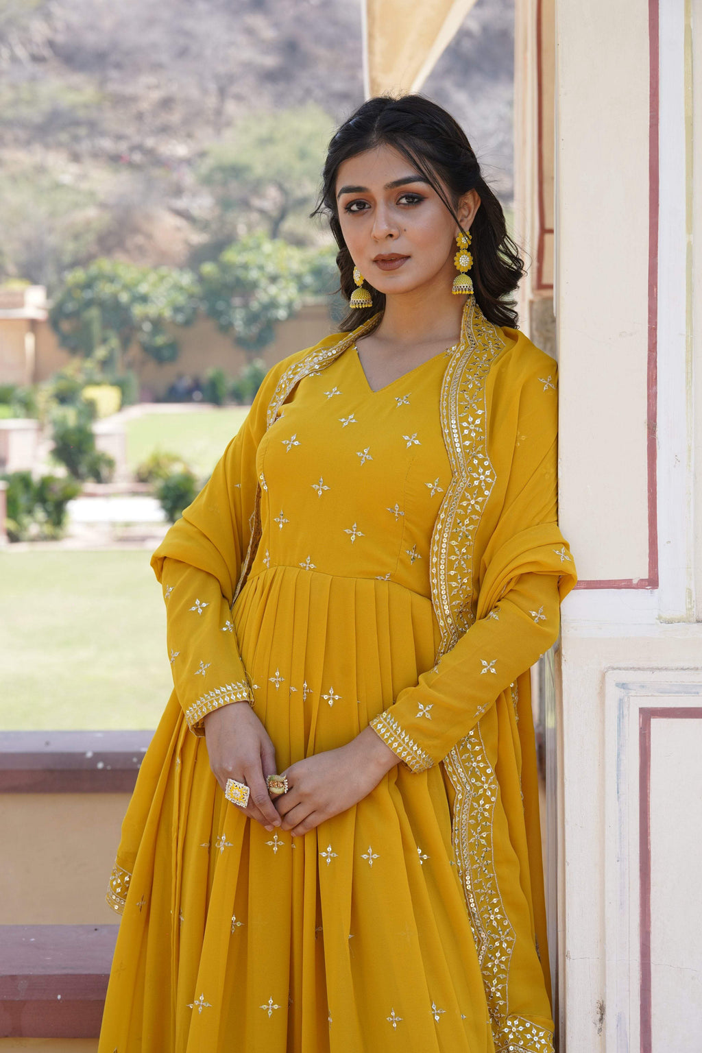 Yellow Faux Georgette Anarkali Kurta with Sequins & Zari Embroidery