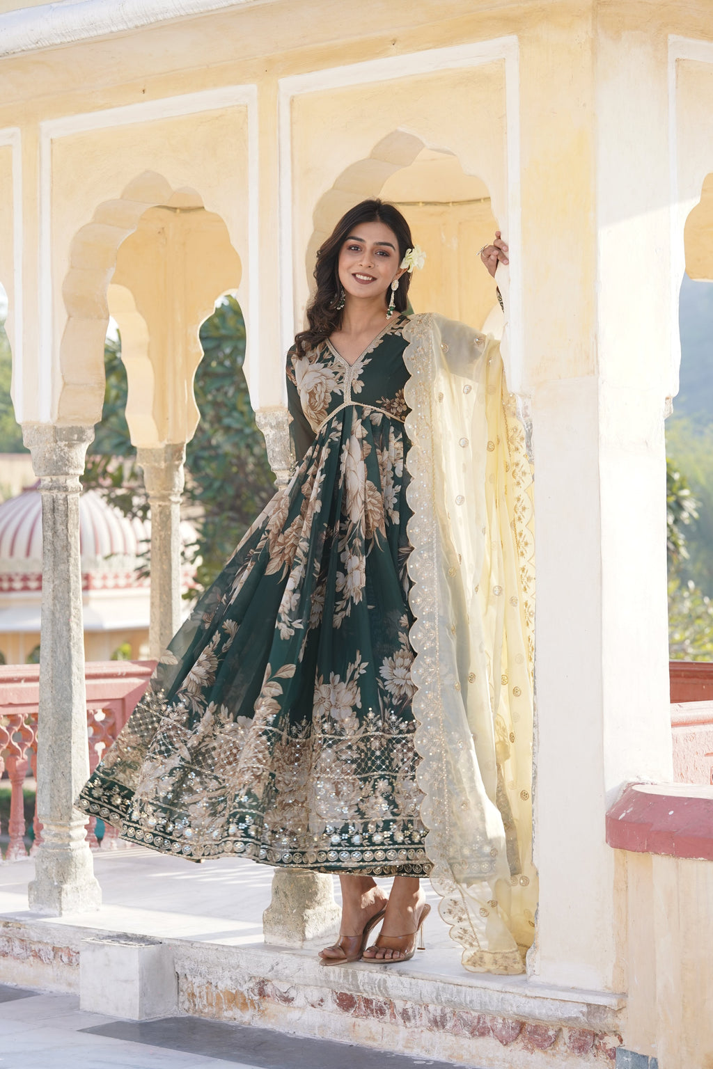 Bottle Green Russian Silk Anarkali Kurta with Zari Embroidery