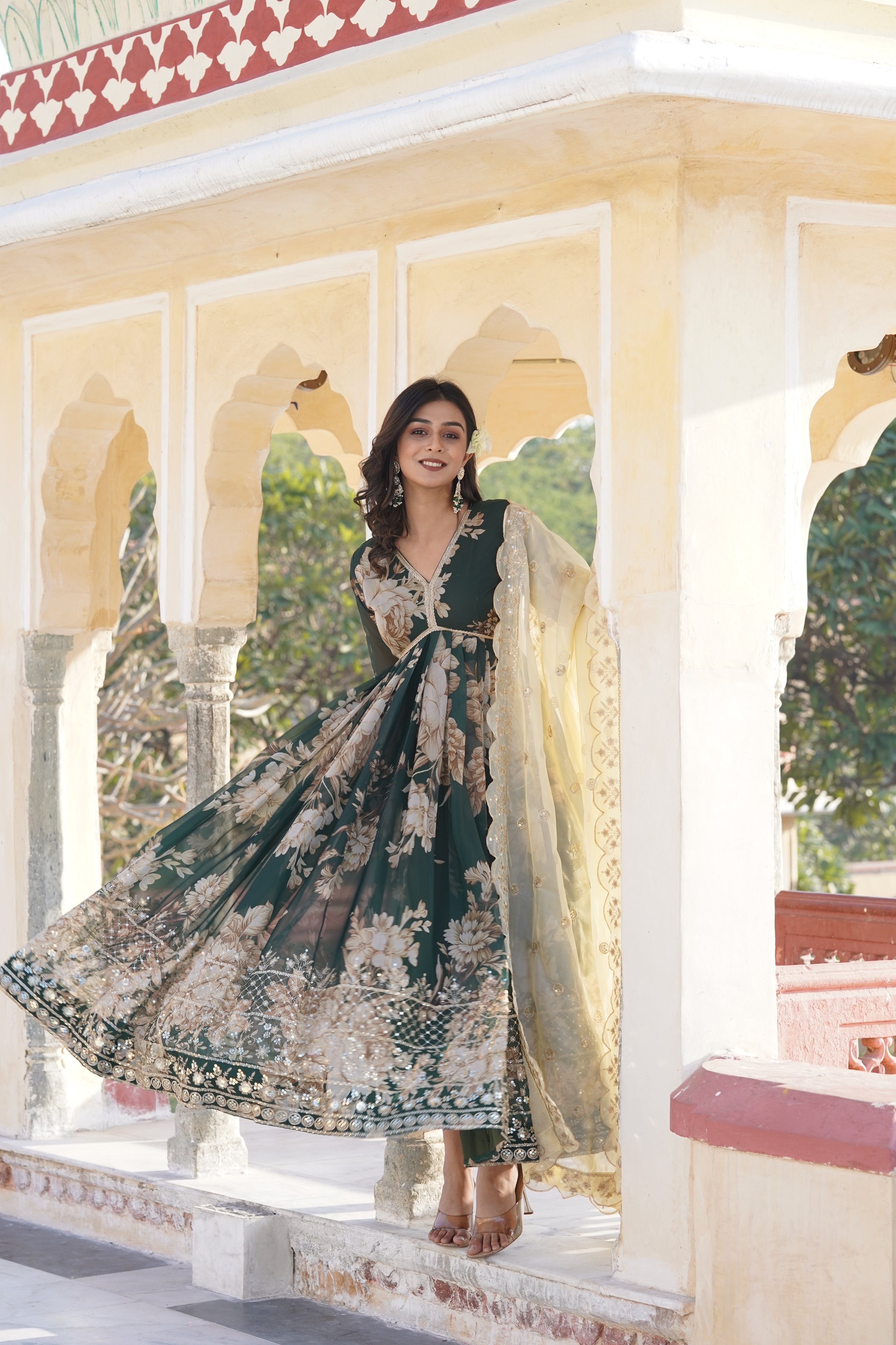 Bottle Green Russian Silk Anarkali Kurta with Zari Embroidery