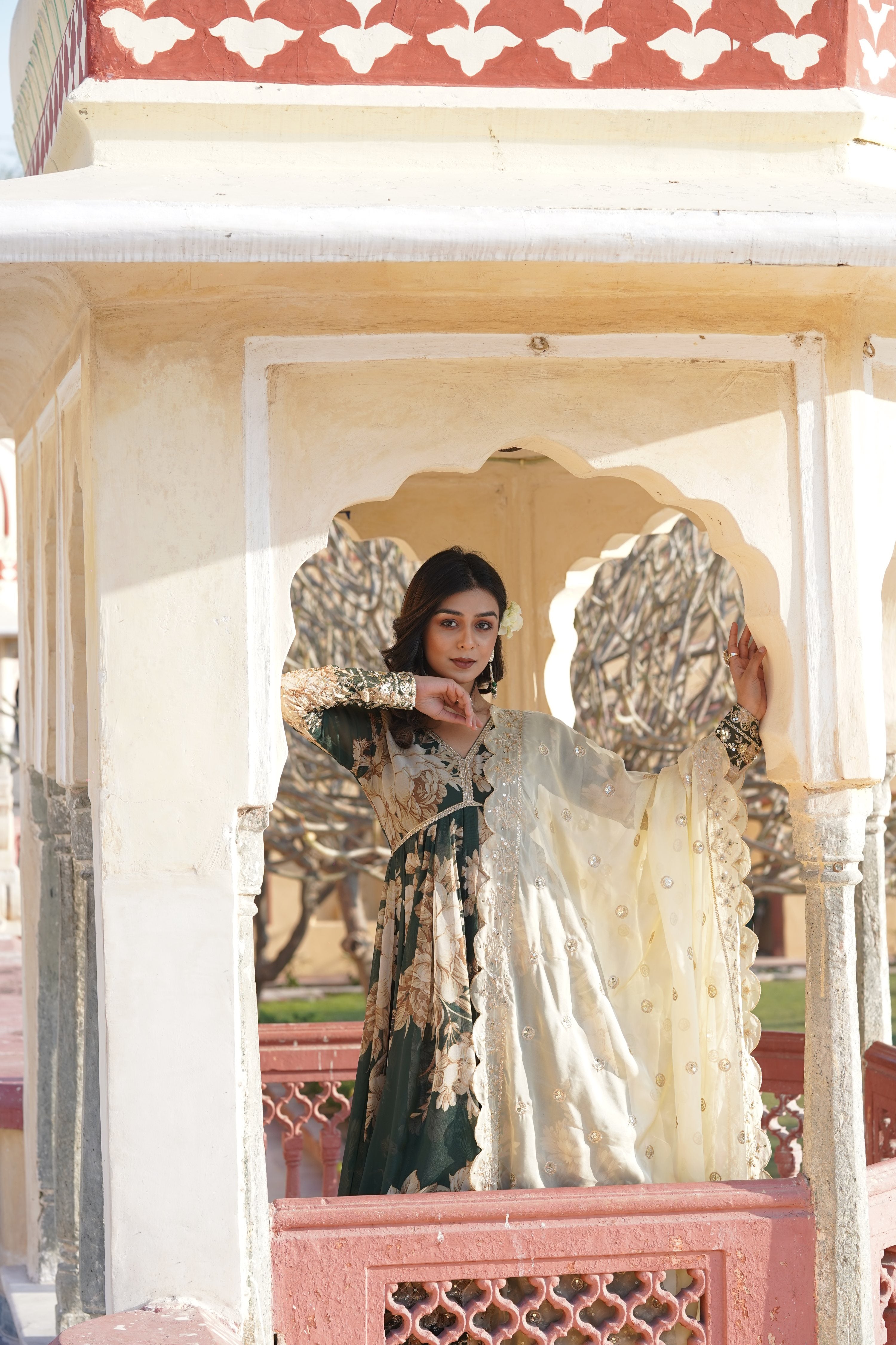 Bottle Green Russian Silk Anarkali Kurta with Zari Embroidery