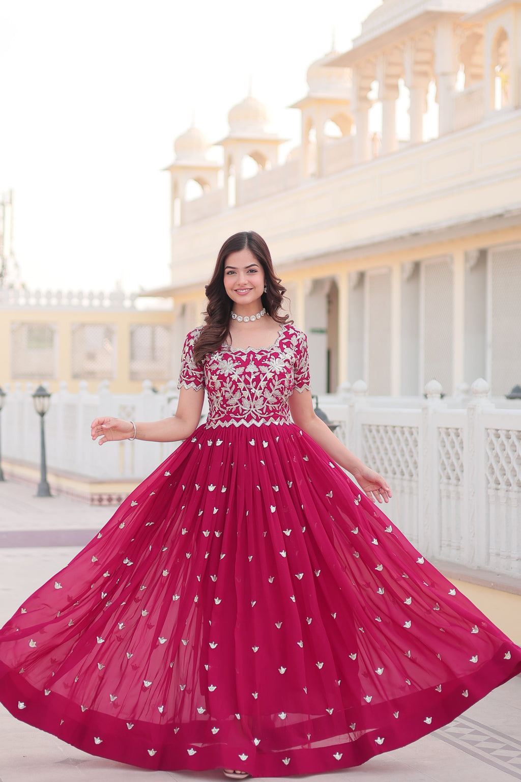 Rani Pink Faux Blooming Codding Sequins Embroidered Anarkali Dress