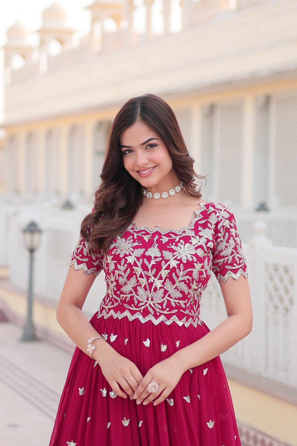 Rani Pink Faux Blooming Codding Sequins Embroidered Anarkali Dress