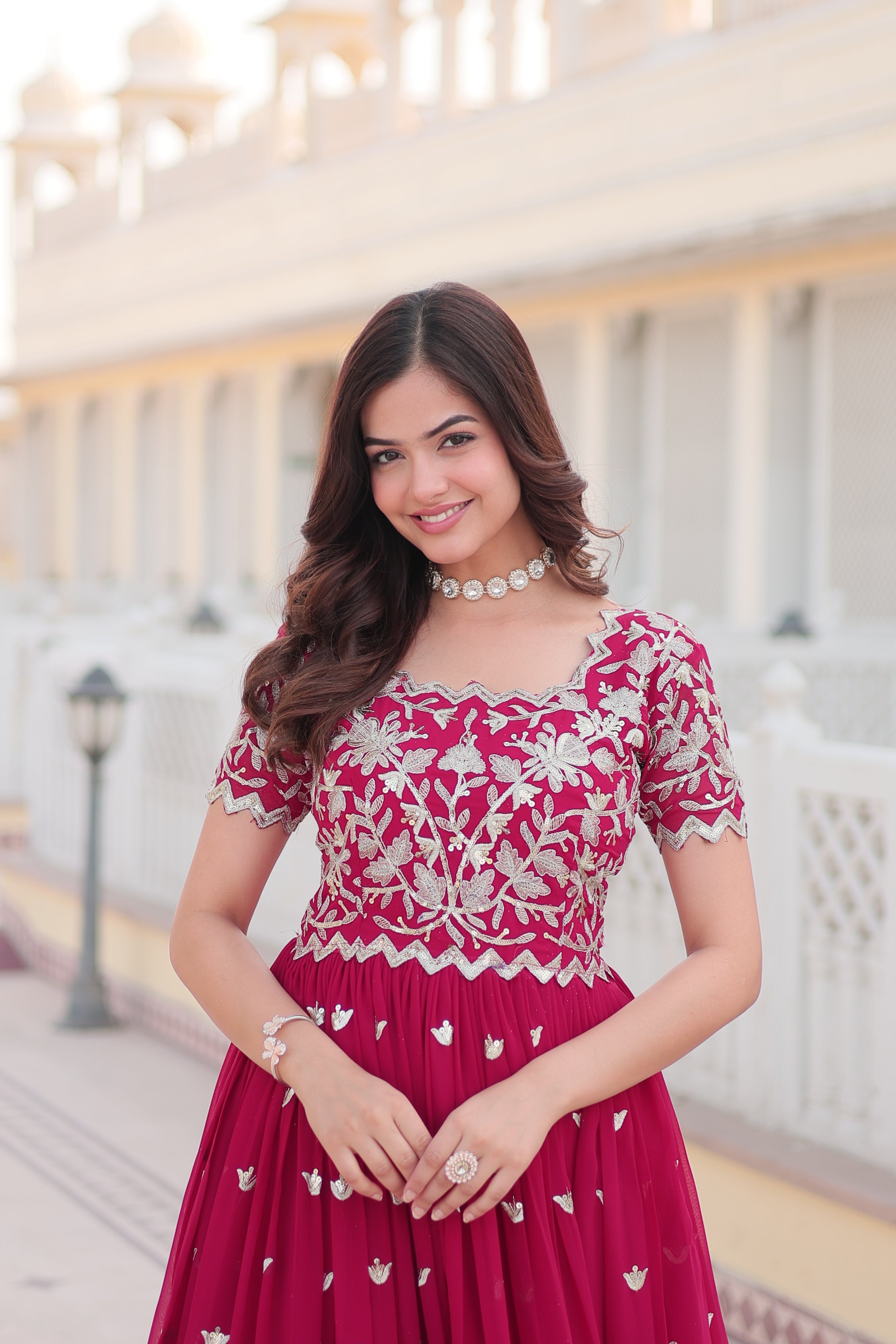 Rani Pink Faux Blooming Codding Sequins Embroidered Anarkali Dress