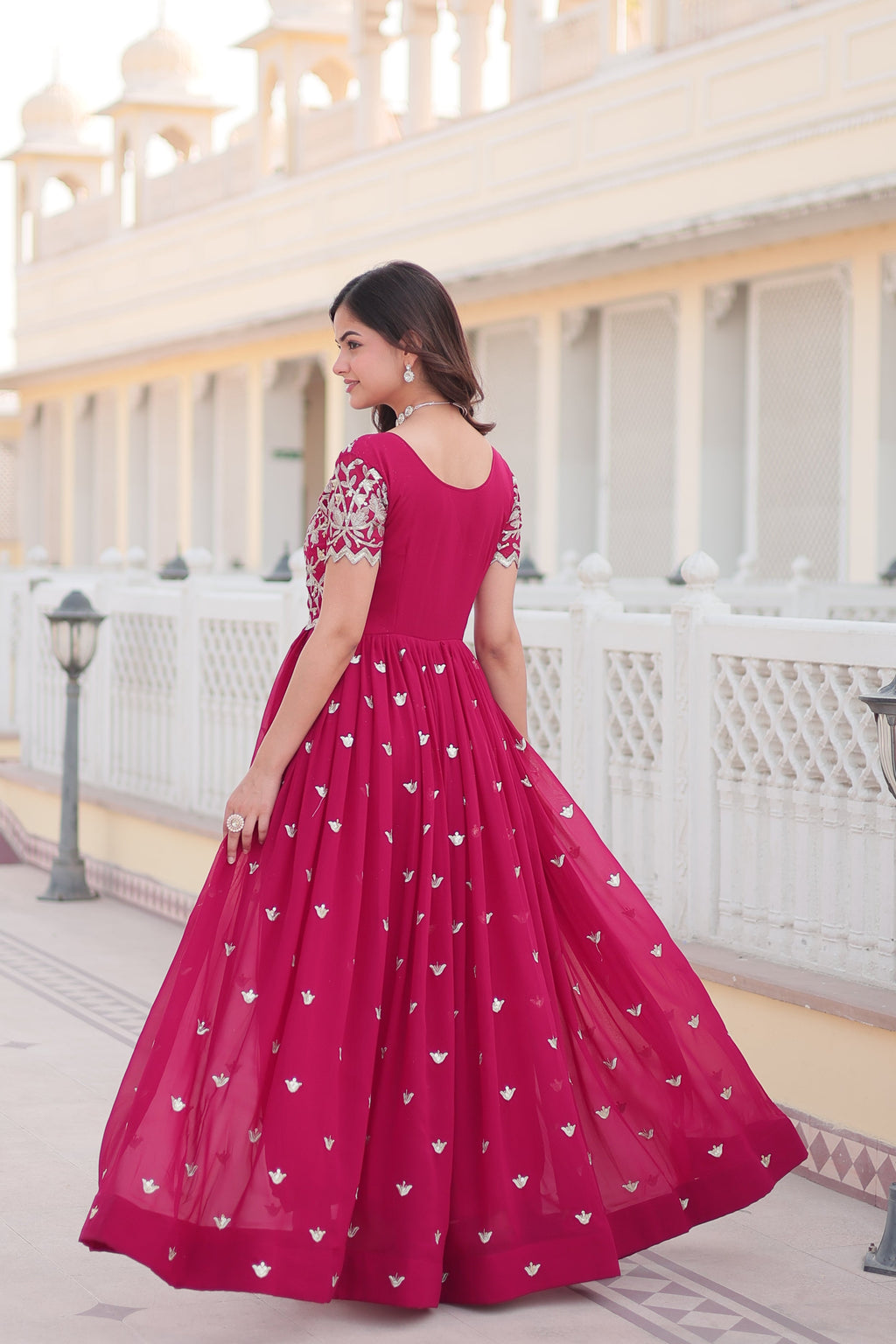 Rani Pink Faux Blooming Codding Sequins Embroidered Anarkali Dress