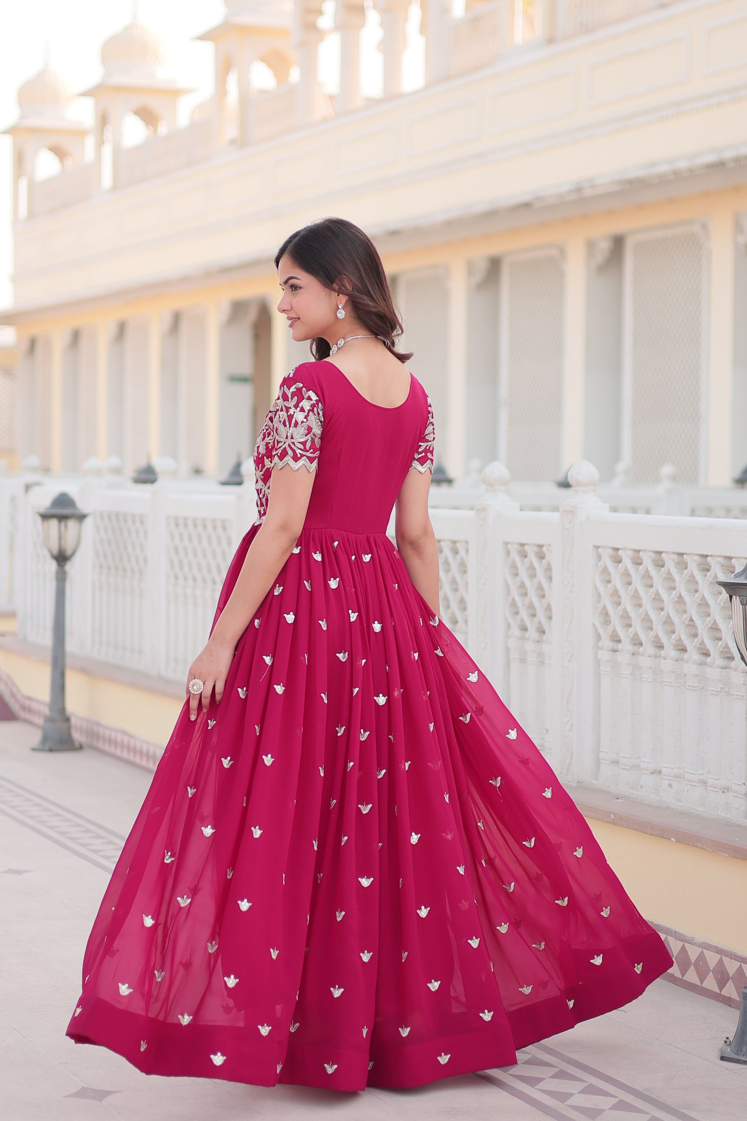 Rani Pink Faux Blooming Codding Sequins Embroidered Anarkali Dress