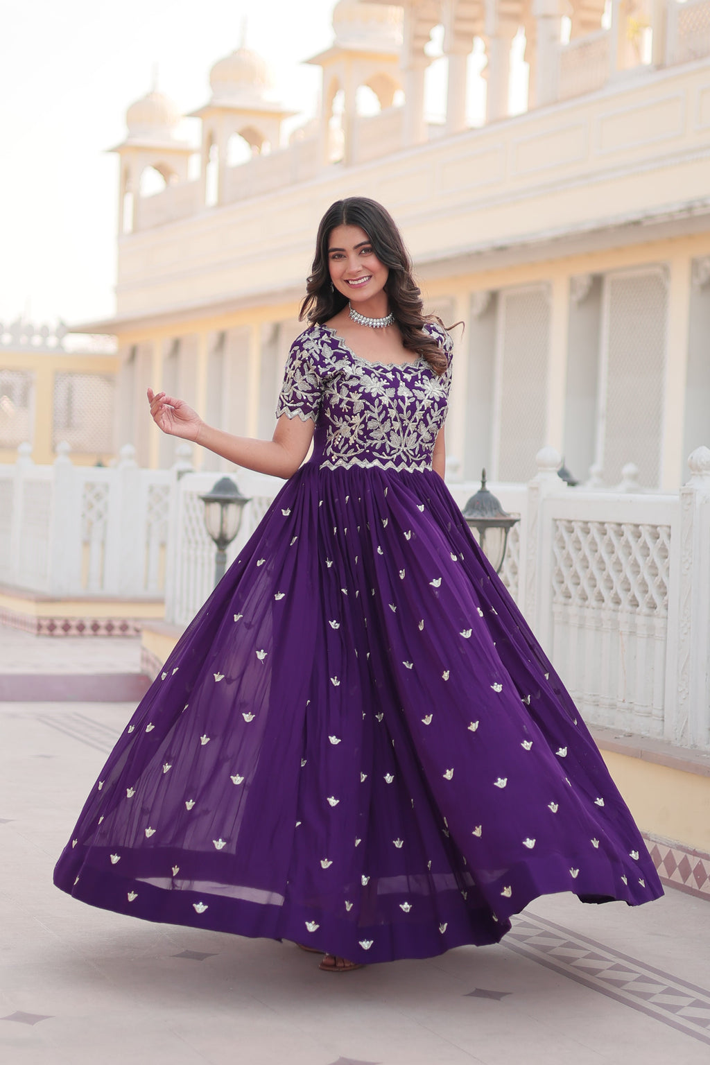 Purple Faux Blooming Anarkali Dress with Codding Embroidery
