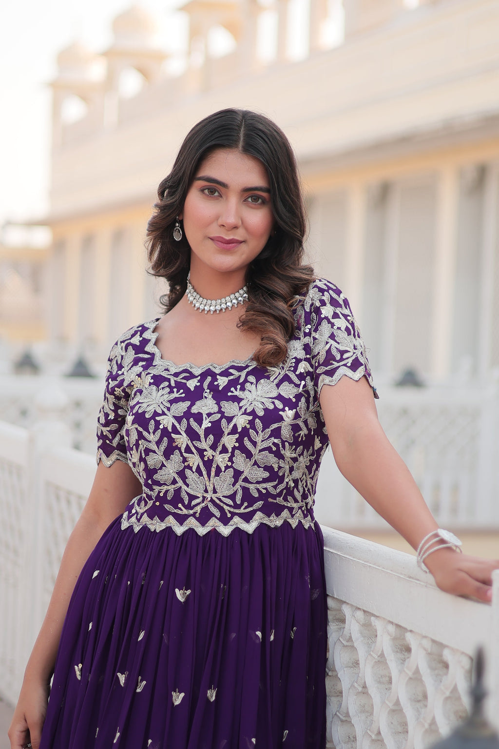 Purple Faux Blooming Anarkali Dress with Codding Embroidery
