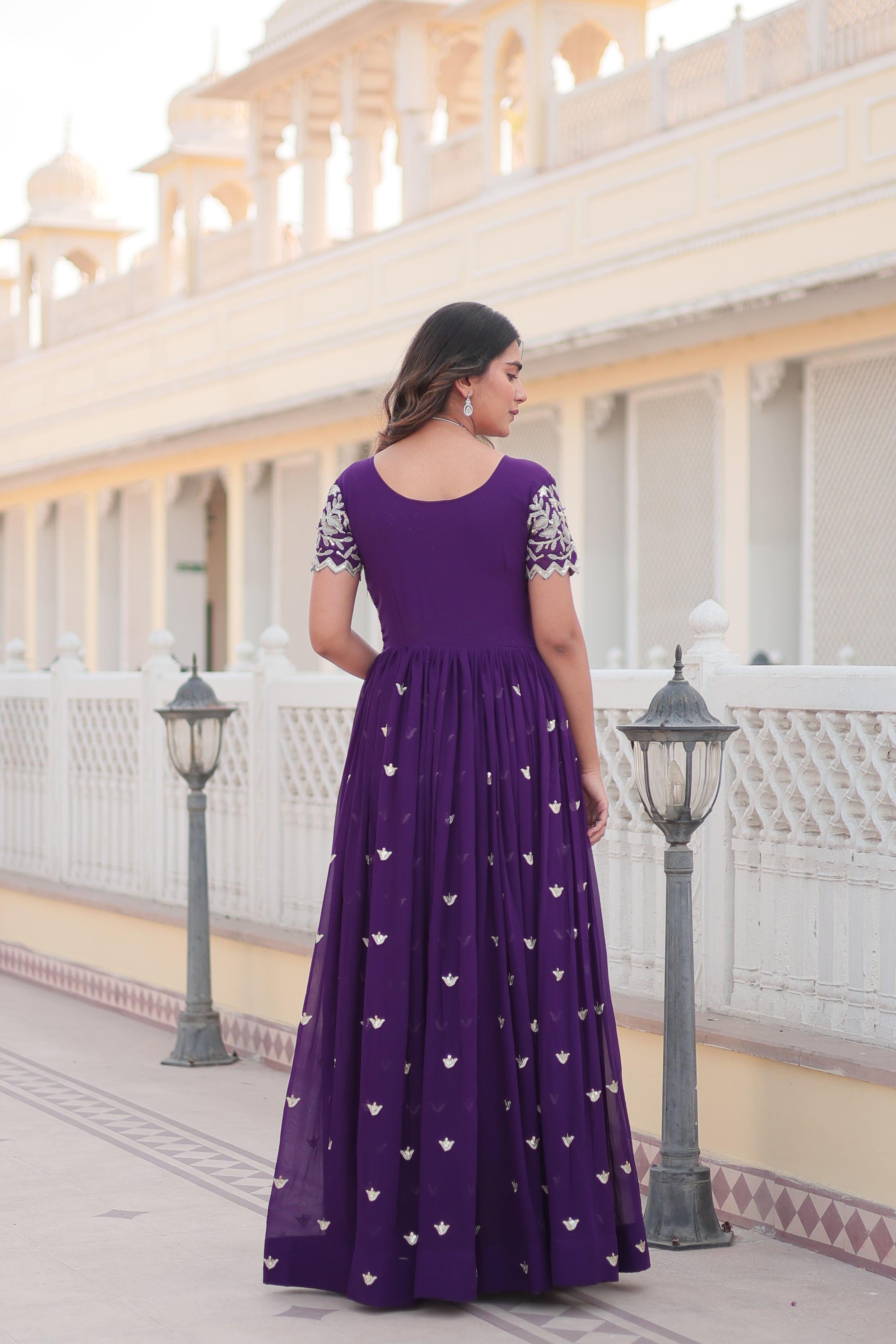 Purple Faux Blooming Anarkali Dress with Codding Embroidery
