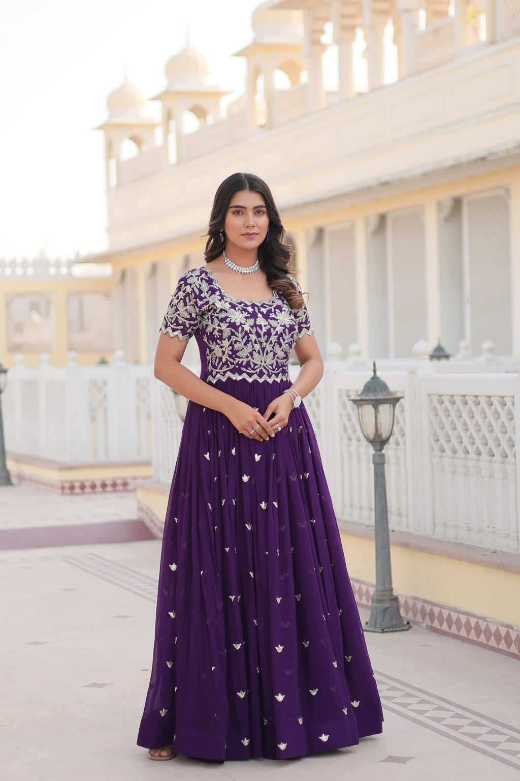 Purple Faux Blooming formal Anarkali dress with silver codding sequin embroidery.