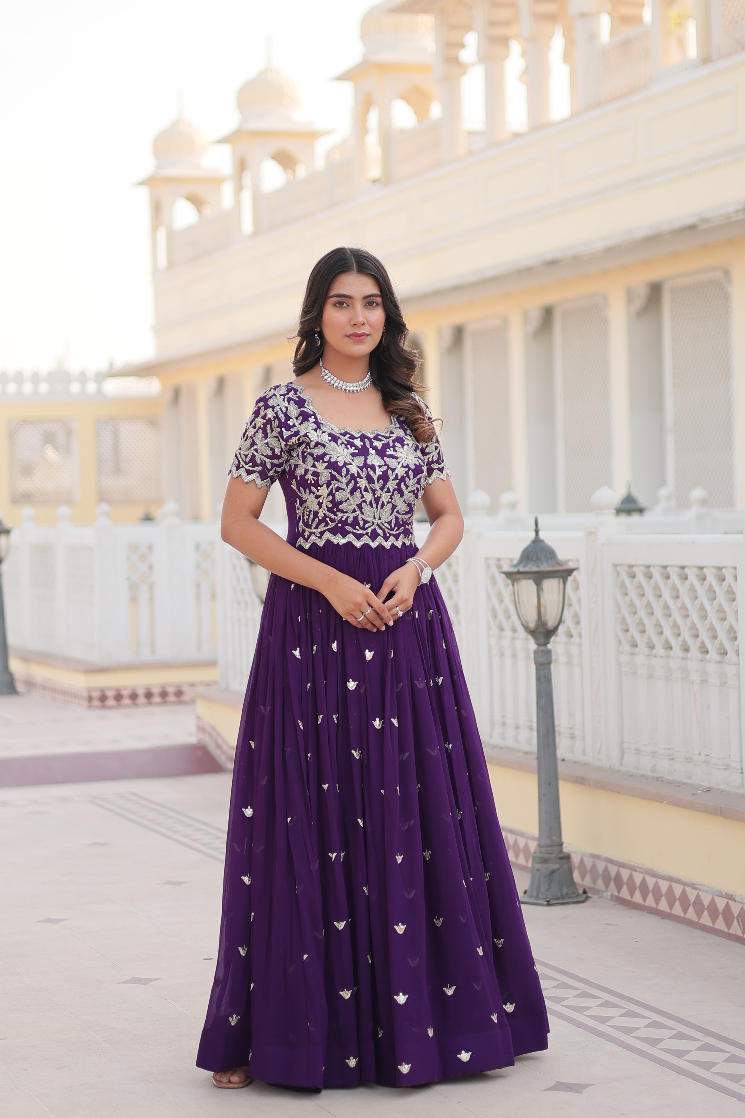 Purple Faux Blooming formal Anarkali dress with silver codding sequin embroidery.