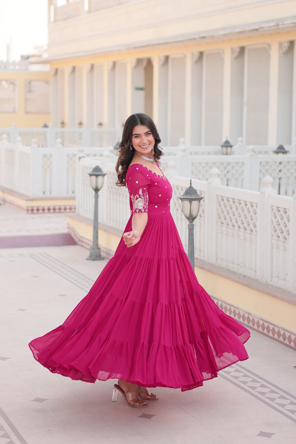 Rani Pink Sequins Zari Embroidered Long Anarkali Dress