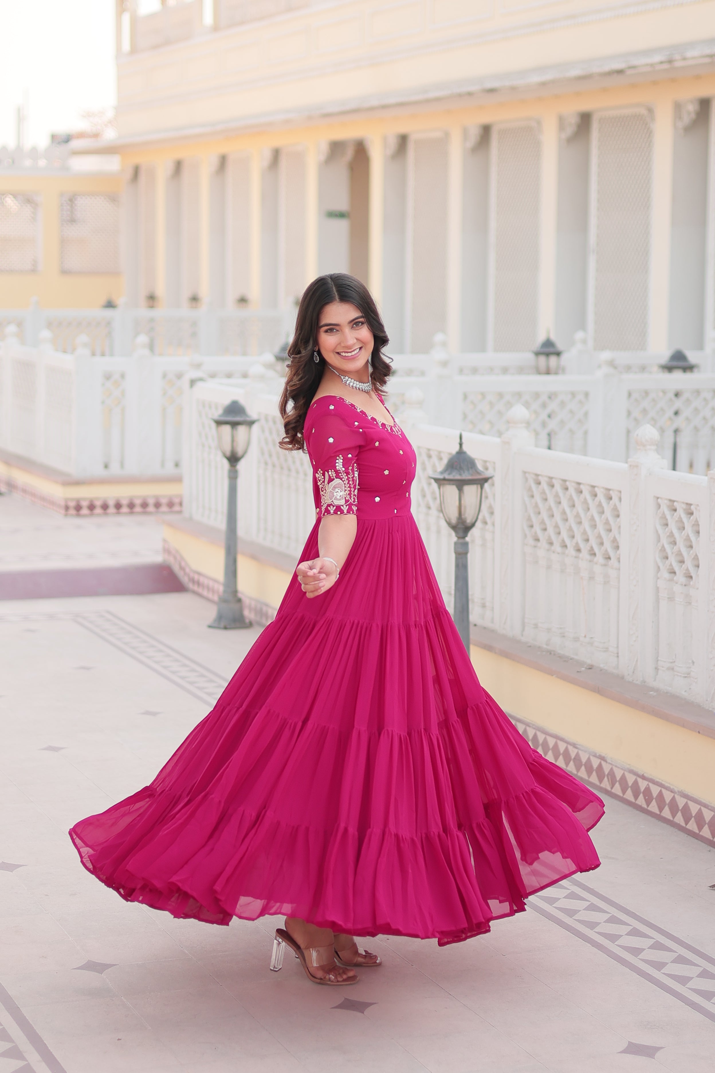 Rani Pink Sequins Zari Embroidered Long Anarkali Dress
