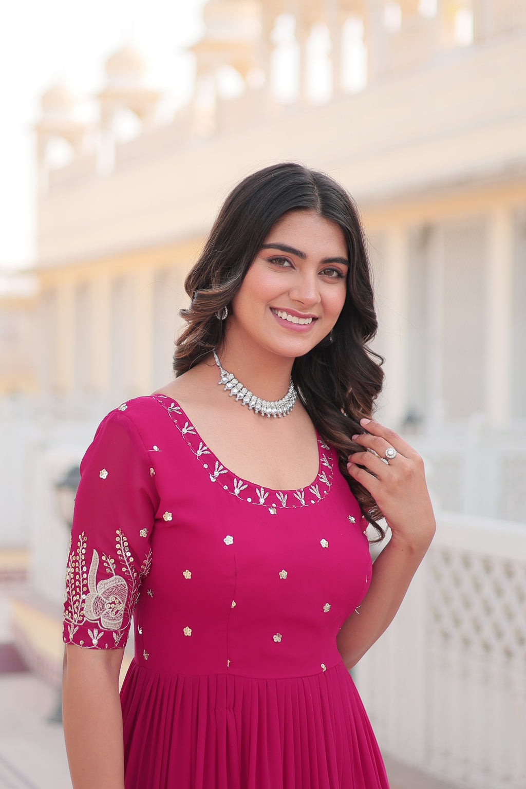 Rani Pink Sequins Zari Embroidered Long Anarkali Dress