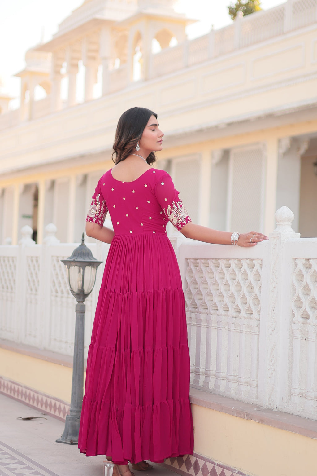 Rani Pink Sequins Zari Embroidered Long Anarkali Dress
