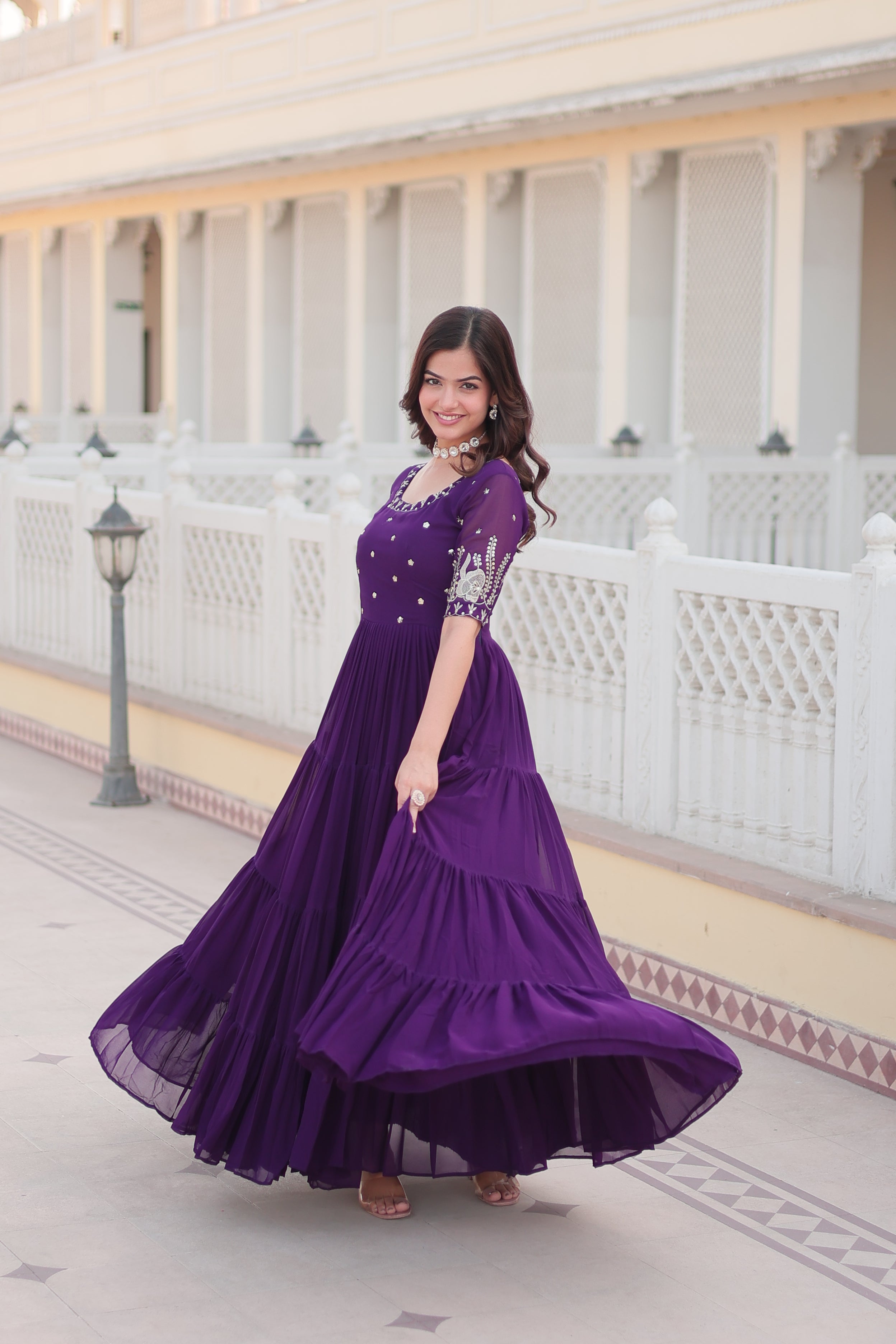 Purple Faux Blooming Sequins Zari Embroidered Anarkali Dress