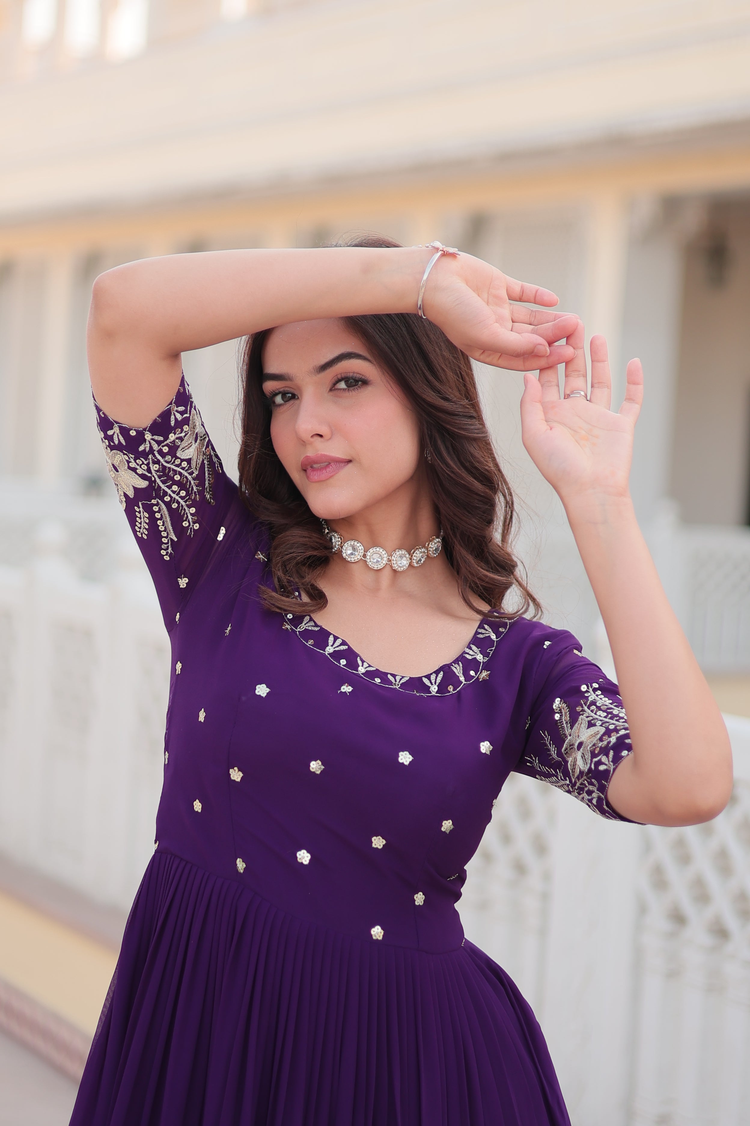 Purple Faux Blooming Sequins Zari Embroidered Anarkali Dress