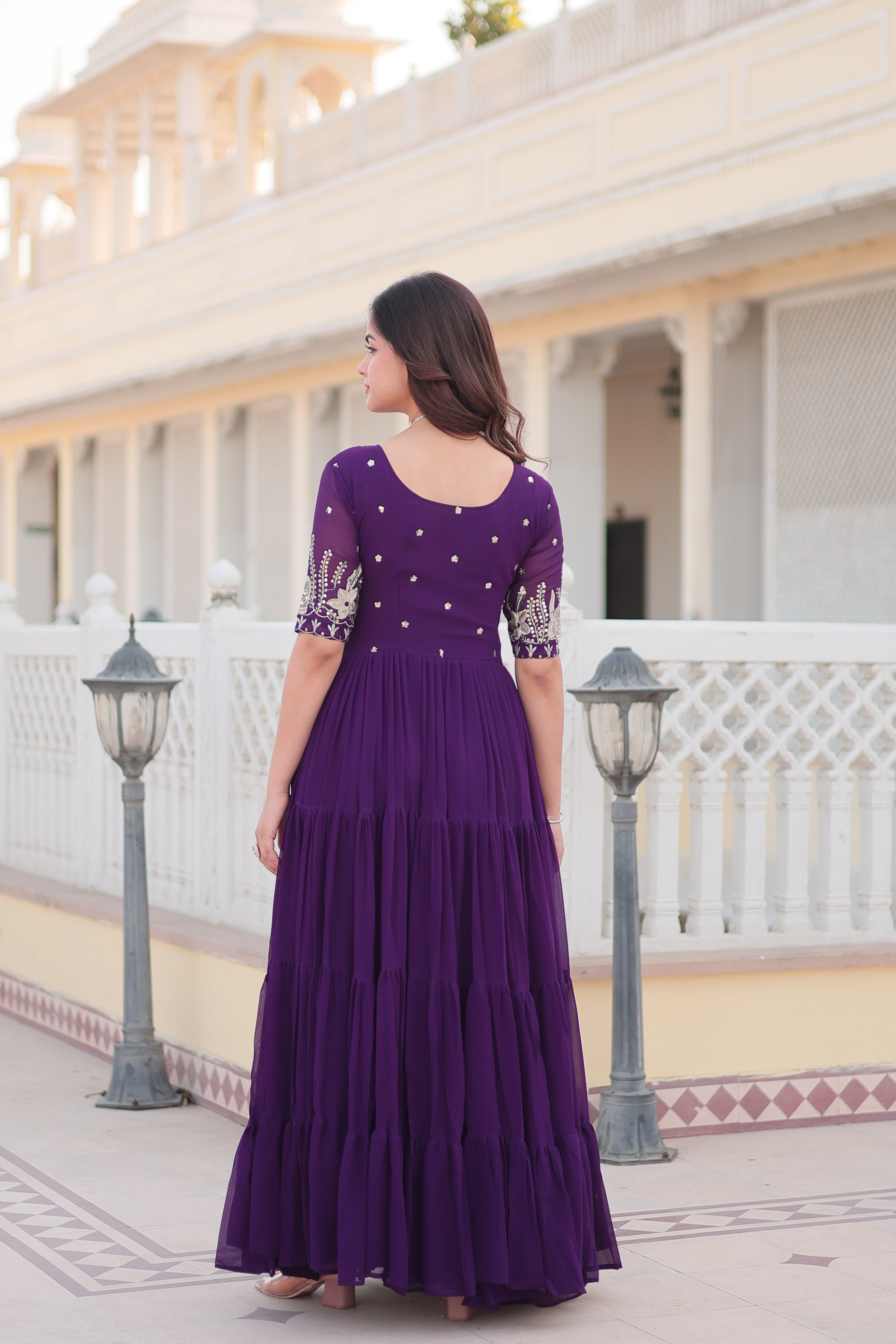 Purple Faux Blooming Sequins Zari Embroidered Anarkali Dress
