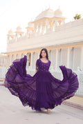 Purple floor-length Anarkali dress with detailed sequins and zari embroidery