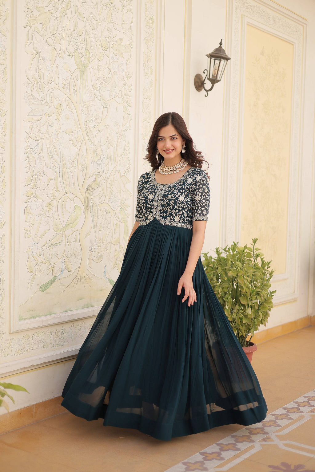 Rama Faux Blooming Sequins Zari Embroidered Anarkali Dress