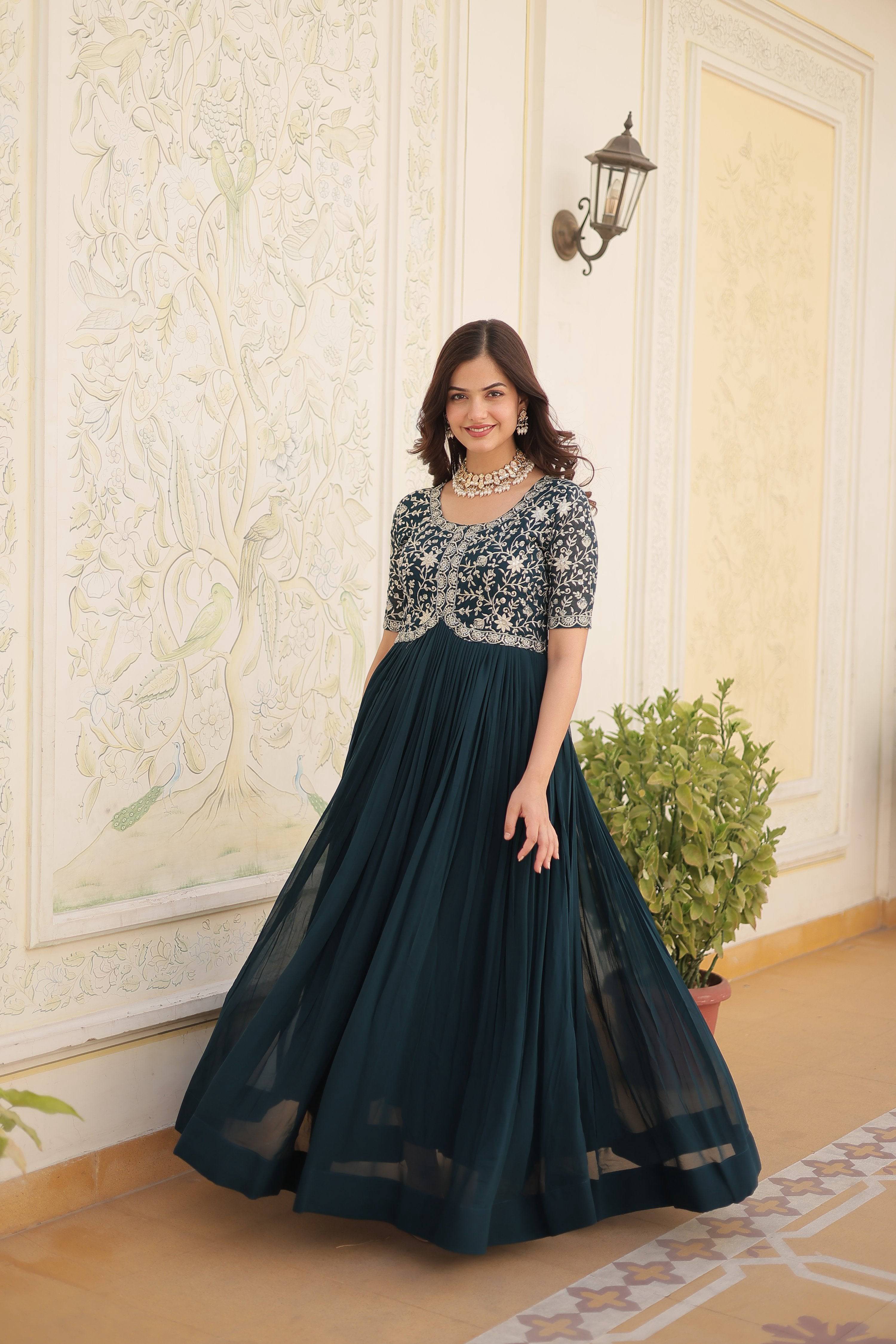 Rama Faux Blooming Sequins Zari Embroidered Anarkali Dress
