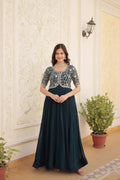 Rama colored floor-length Anarkali dress with gold zari and sequins embroidery