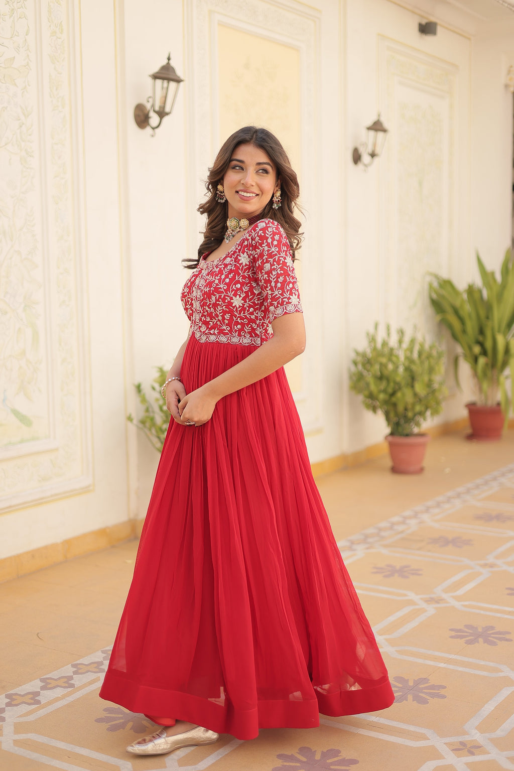 Red Faux Blooming Sequins Zari Embroidered Anarkali Dress