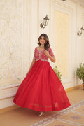 Red long Anarkali dress with sequins and zari embroidery, floor length